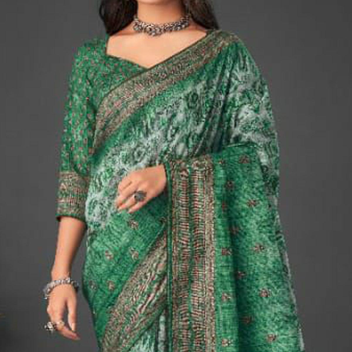 Green Festive Wear Printed Silk Saree - Peachmode