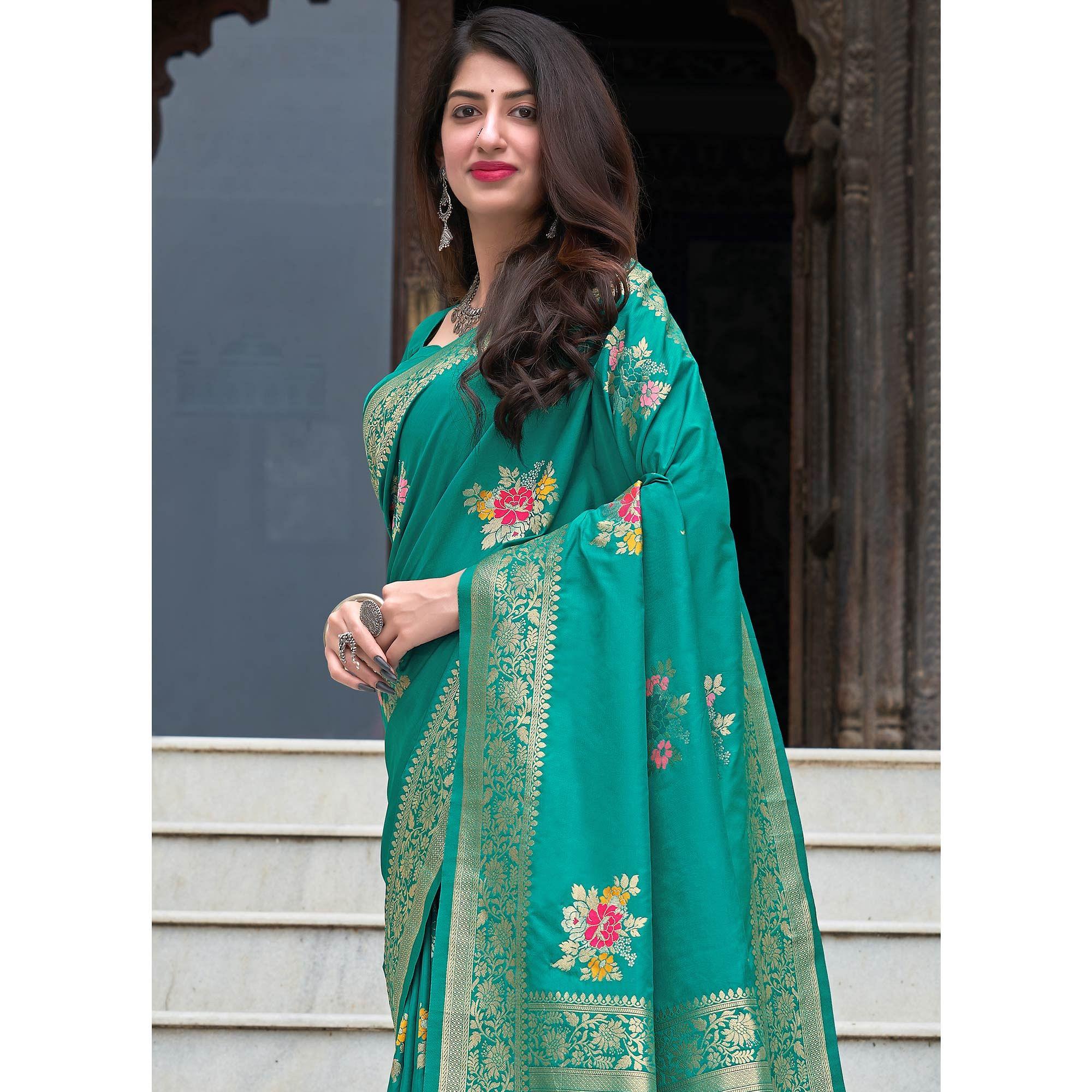 Green Festive Wear Printed Silk Saree - Peachmode