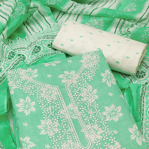 Green Festive Wear Printed With Embroidered Cotton Dress Material - Peachmode