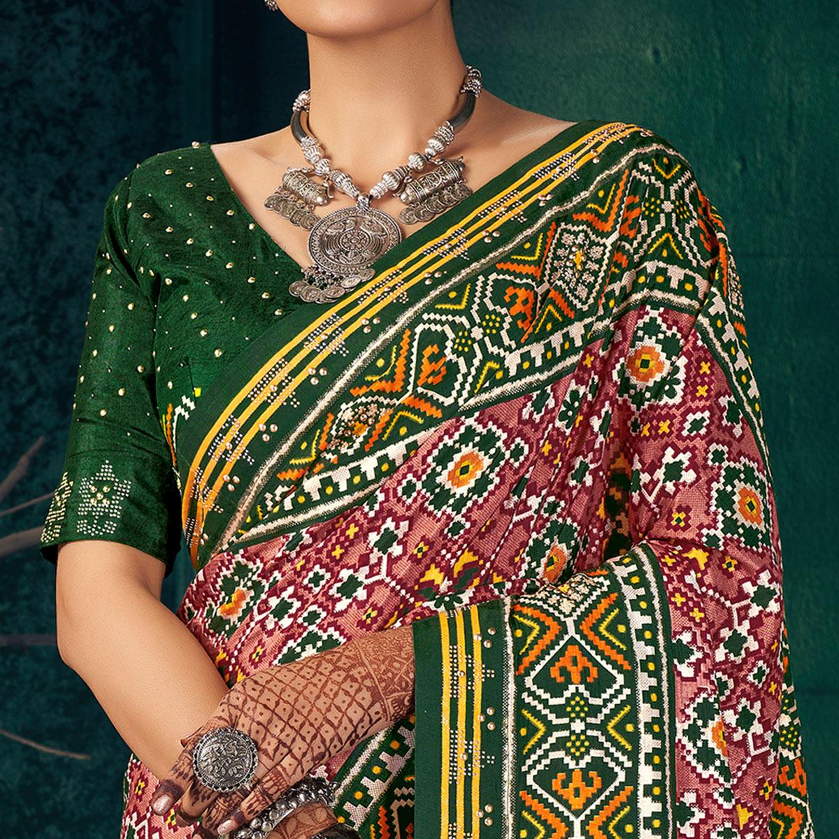 Green Festive Wear Printed With Foil Border Dola Silk Saree - Peachmode