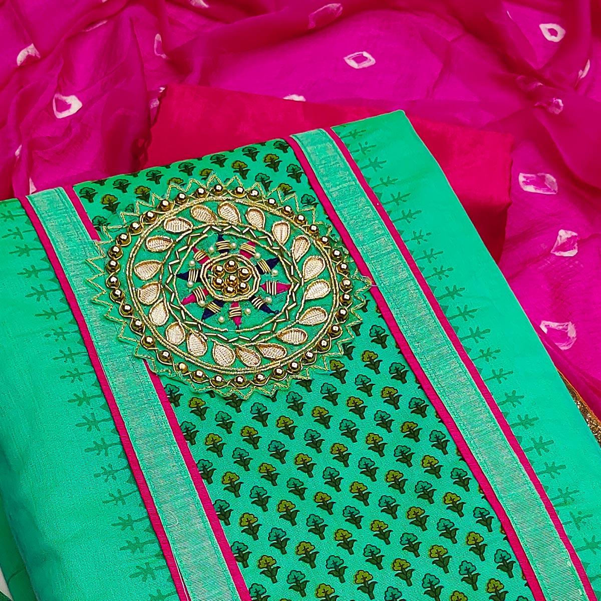 Green Festive Wear Printed With Handwork Modal Dress Material - Peachmode
