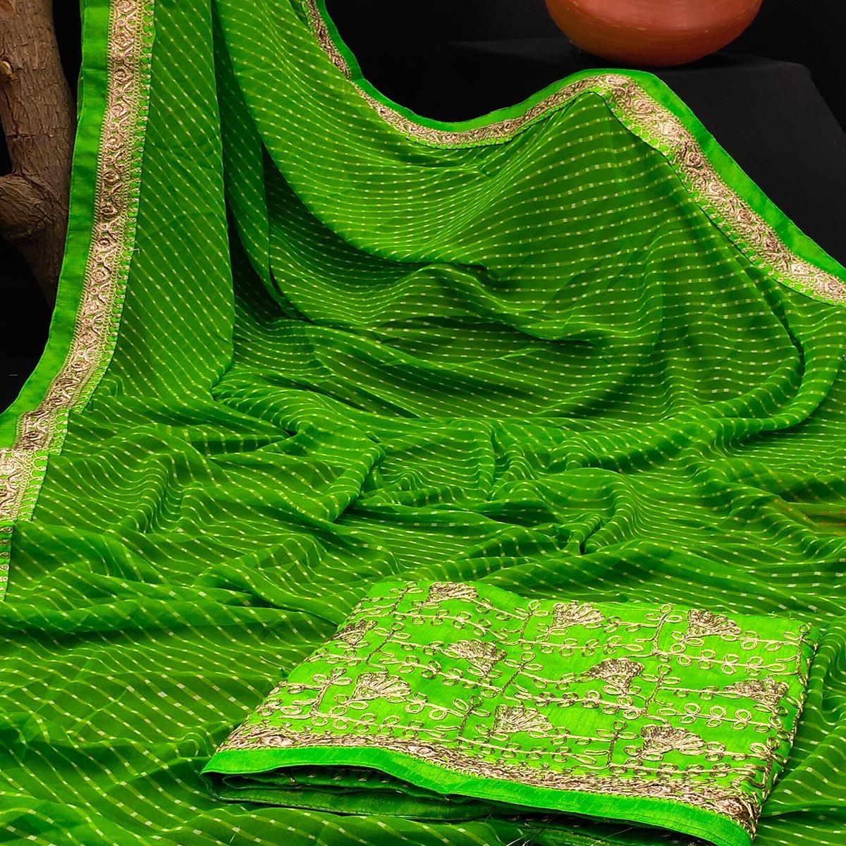 Green Festive Wear Printed With Lace Border Georgette Saree - Peachmode