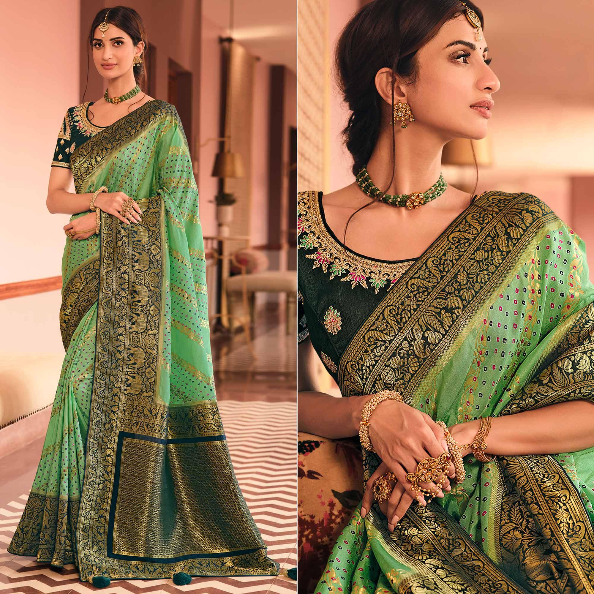 Green Festive Wear Printed Woven Silk Saree - Peachmode