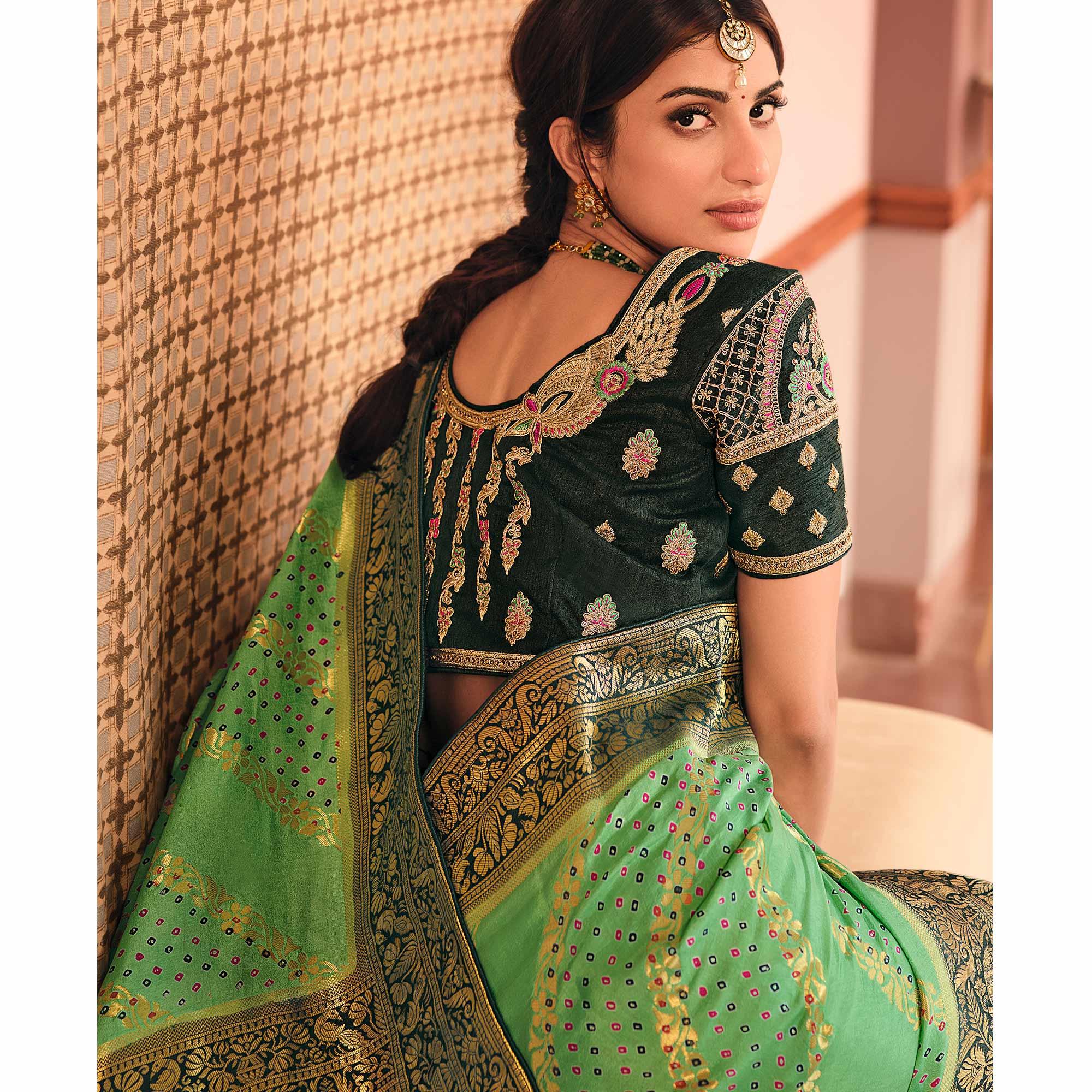 Green Festive Wear Printed Woven Silk Saree - Peachmode