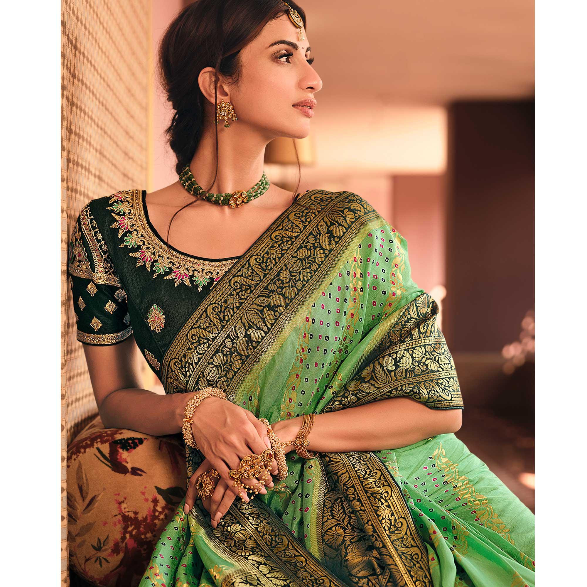 Green Festive Wear Printed Woven Silk Saree - Peachmode