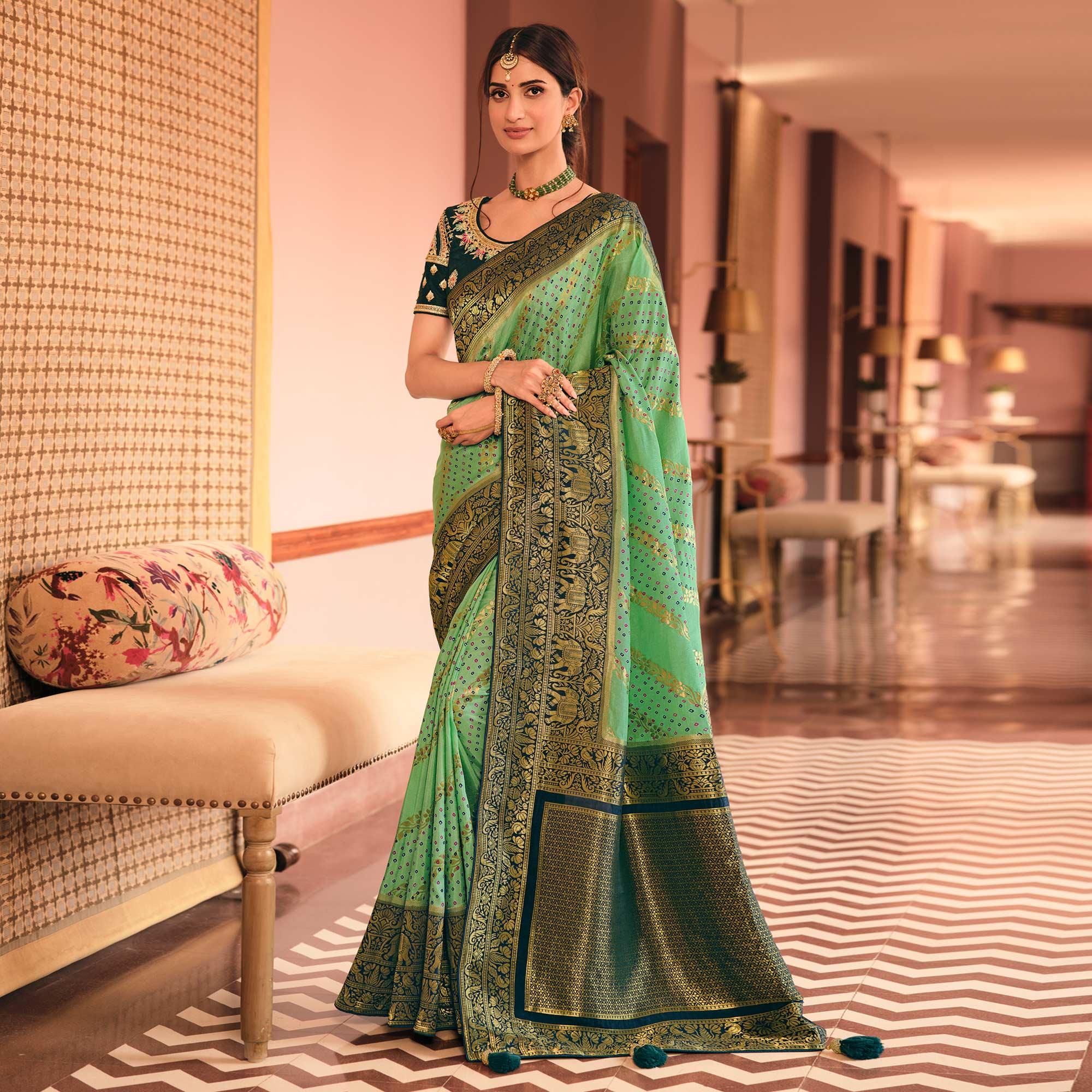 Green Festive Wear Printed Woven Silk Saree - Peachmode
