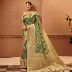 Green Festive Wear Pure Digital Prints Jacquard Silk Saree - Peachmode