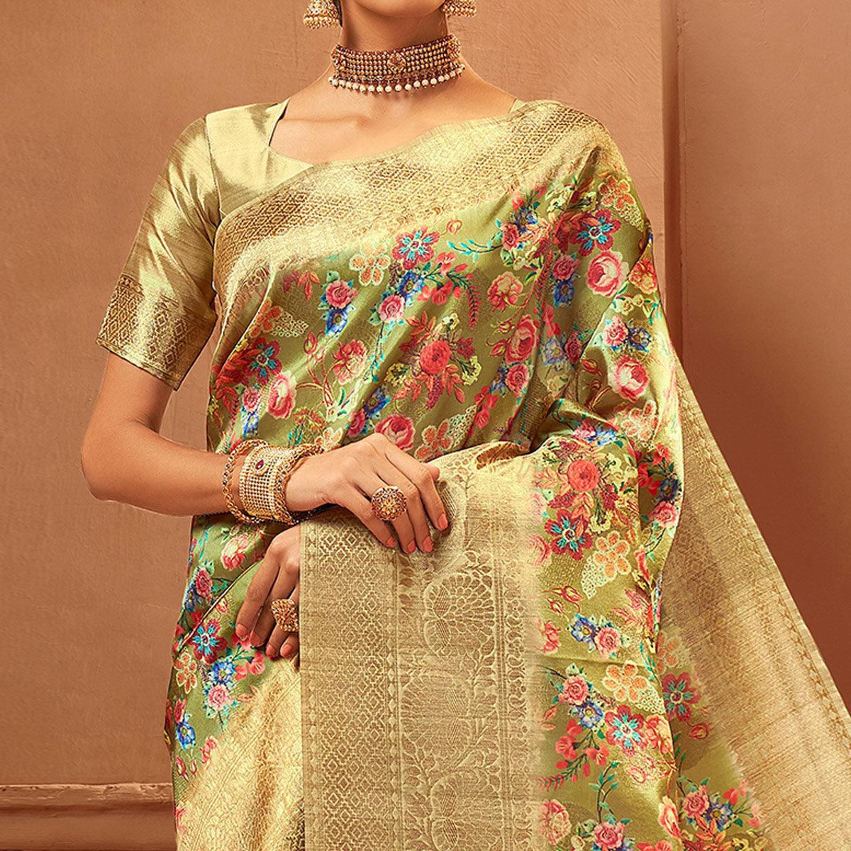 Green Festive Wear Pure Digital Prints Jacquard Silk Saree - Peachmode
