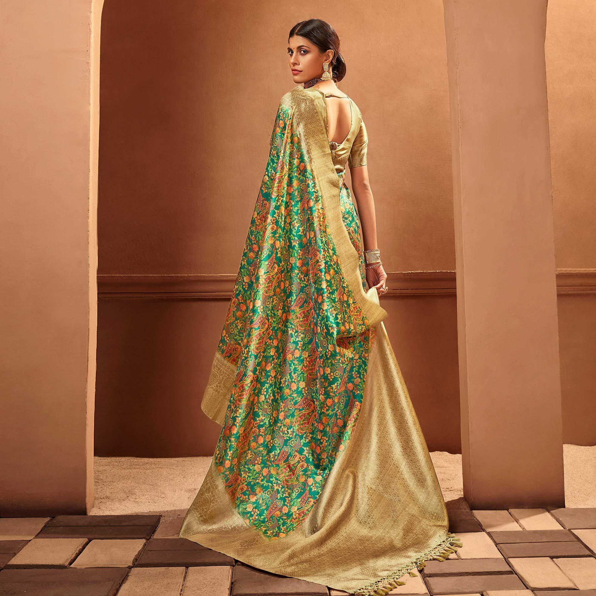 Green Festive Wear Pure Digital Prints Jacquard Silk Saree - Peachmode
