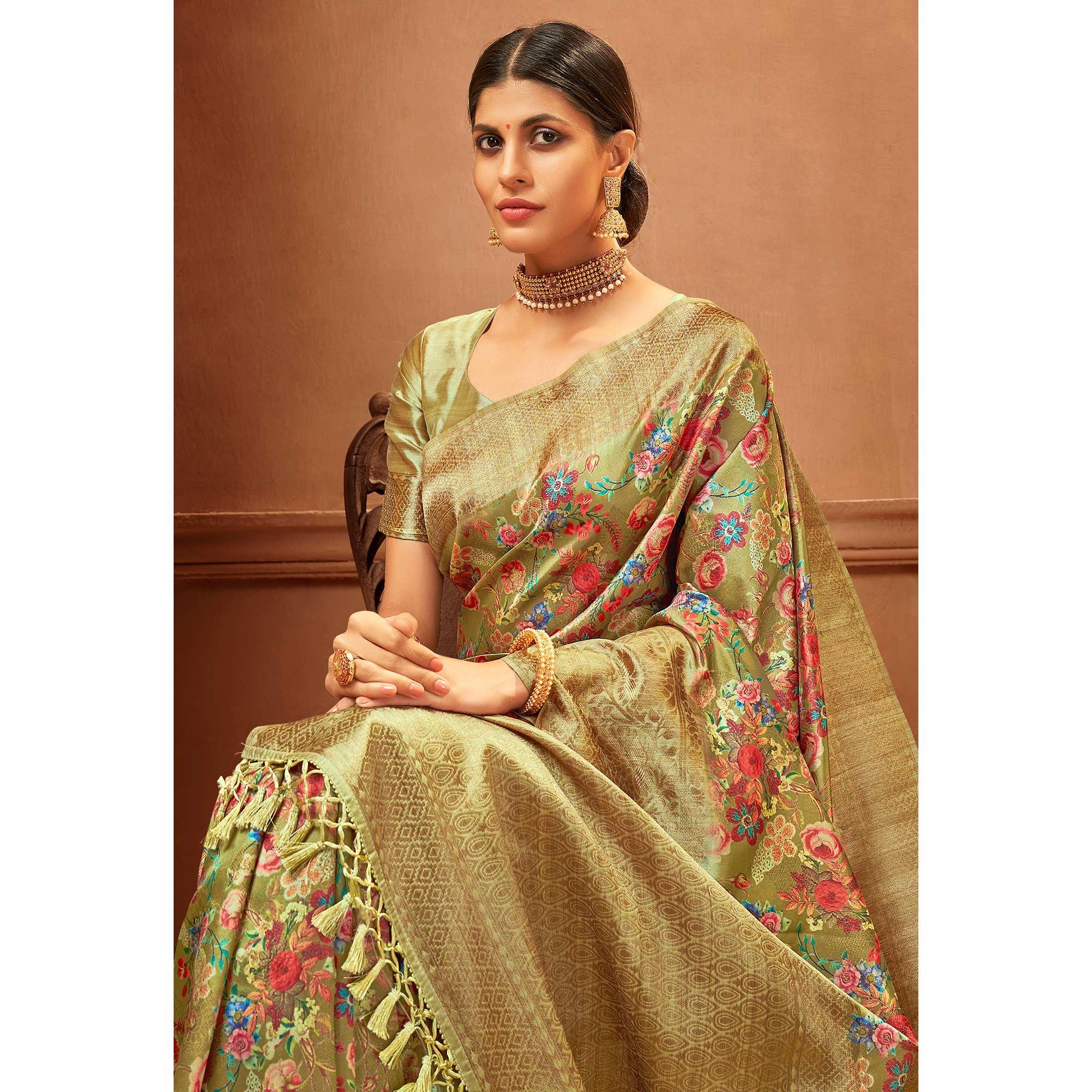 Green Festive Wear Pure Digital Prints Jacquard Silk Saree - Peachmode