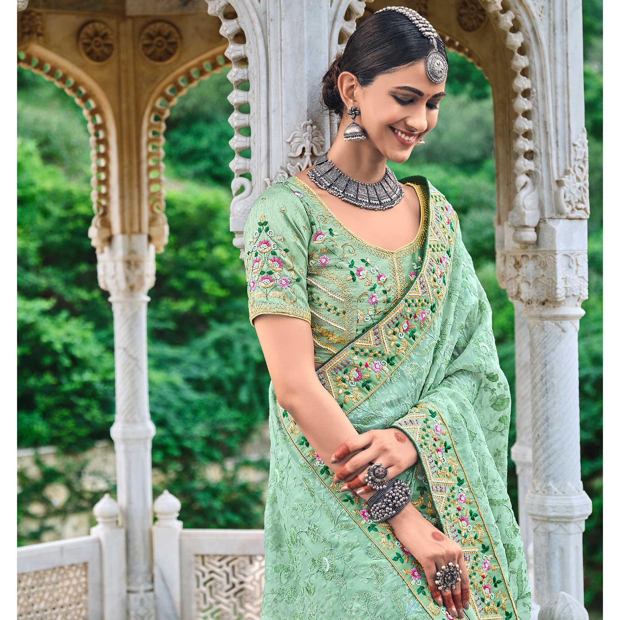 Green Festive Wear Pure Kachhi Embellished Organza Saree - Peachmode