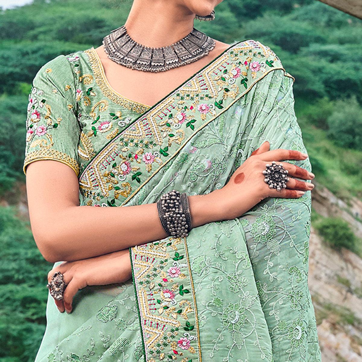 Green Festive Wear Pure Kachhi Embellished Organza Saree - Peachmode