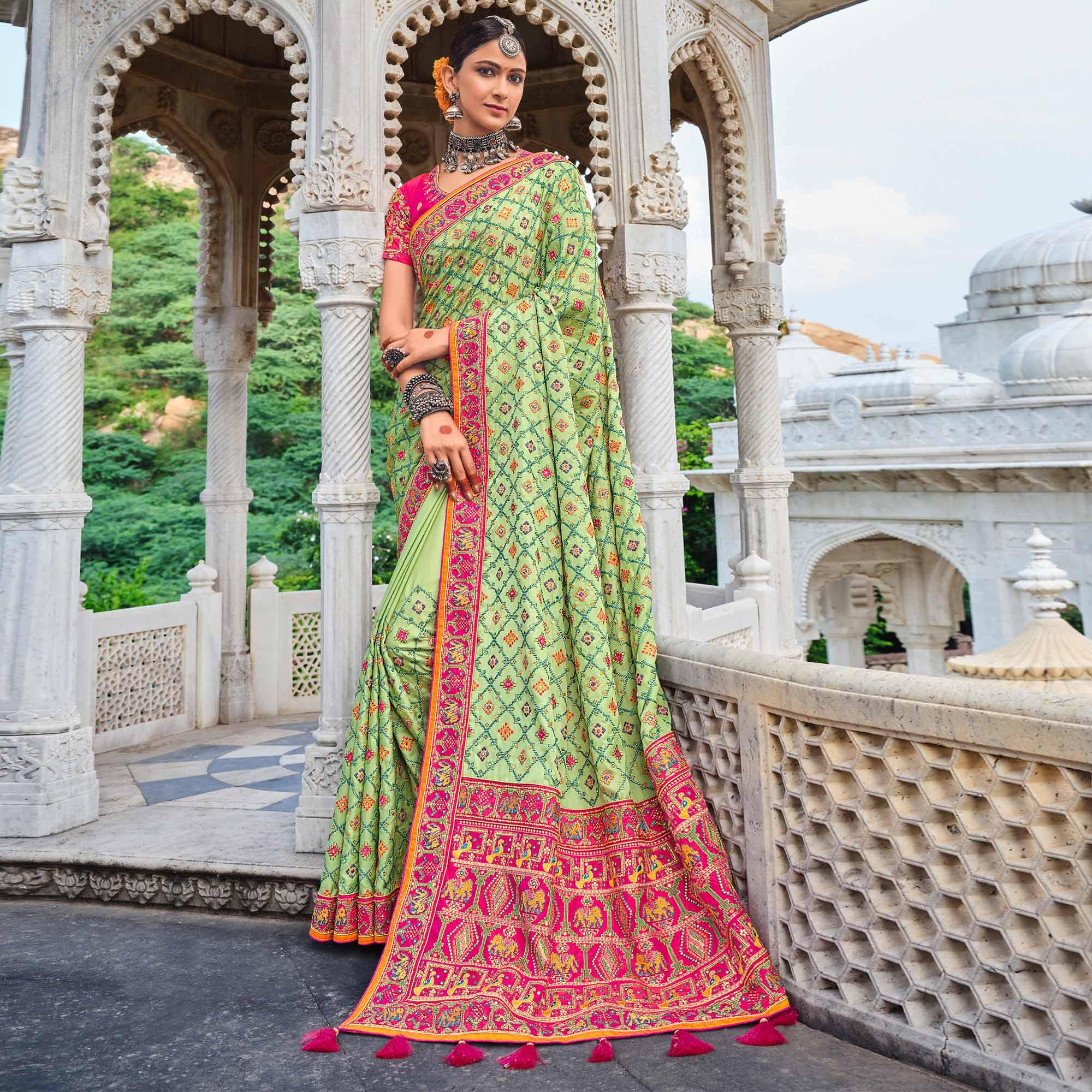 Green Festive Wear Pure Kachhi Embellished Pure Satin Saree - Peachmode