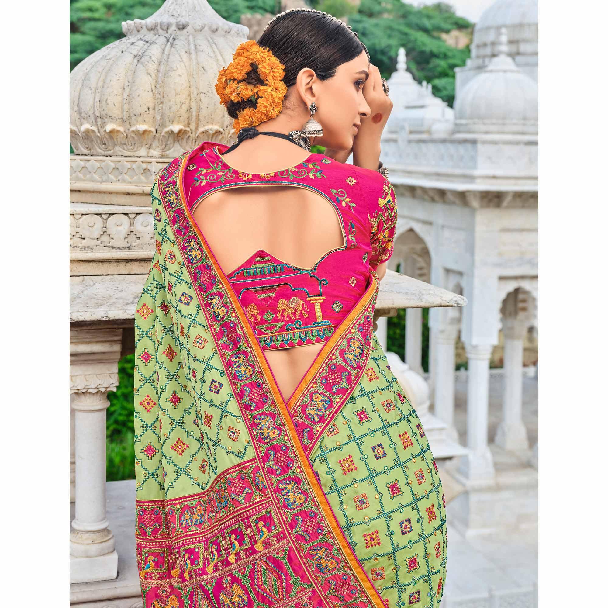 Green Festive Wear Pure Kachhi Embellished Pure Satin Saree - Peachmode