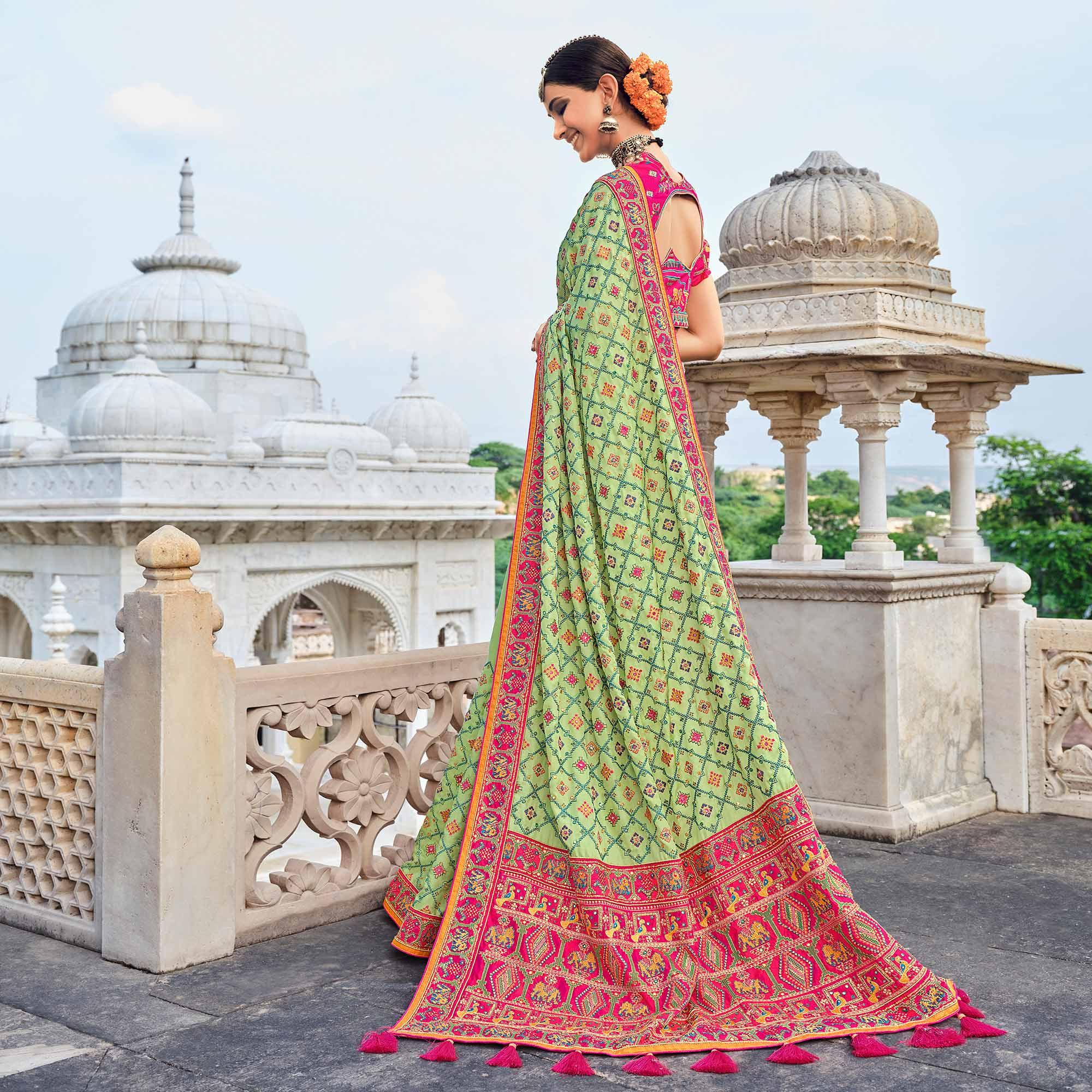 Green Festive Wear Pure Kachhi Embellished Pure Satin Saree - Peachmode