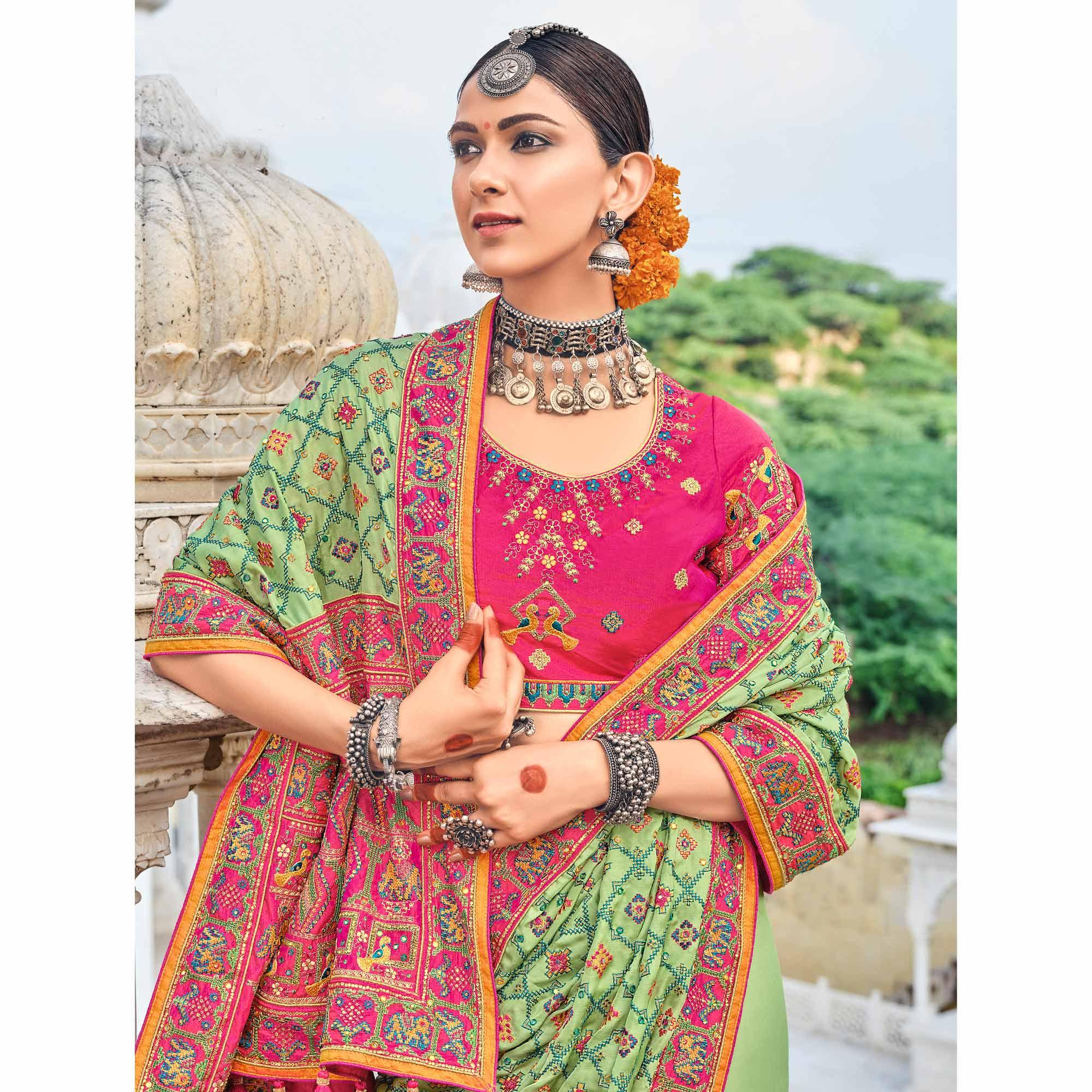 Green Festive Wear Pure Kachhi Embellished Pure Satin Saree - Peachmode