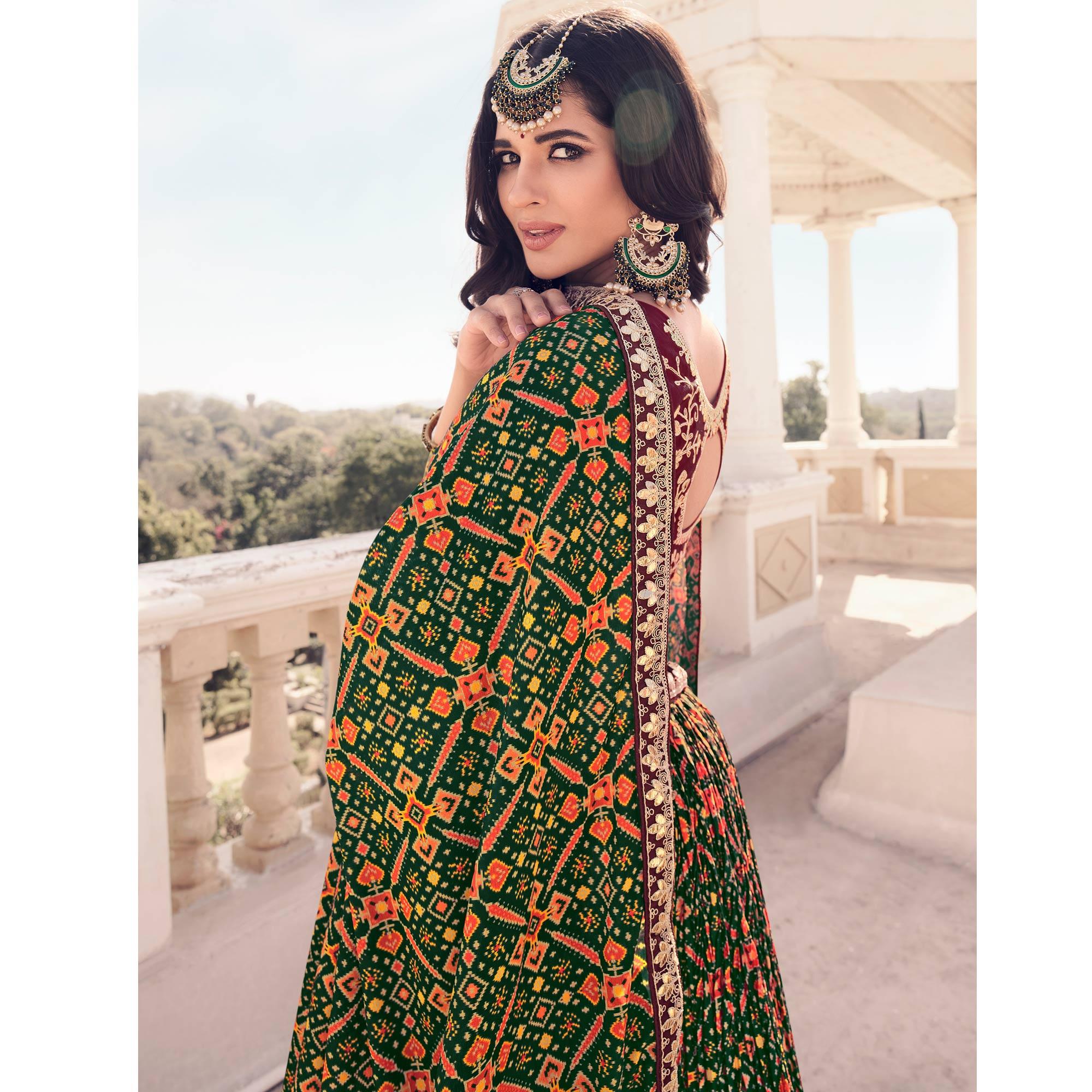 Green Festive Wear Satin Digital Floral Printed Lehenga Choli - Peachmode