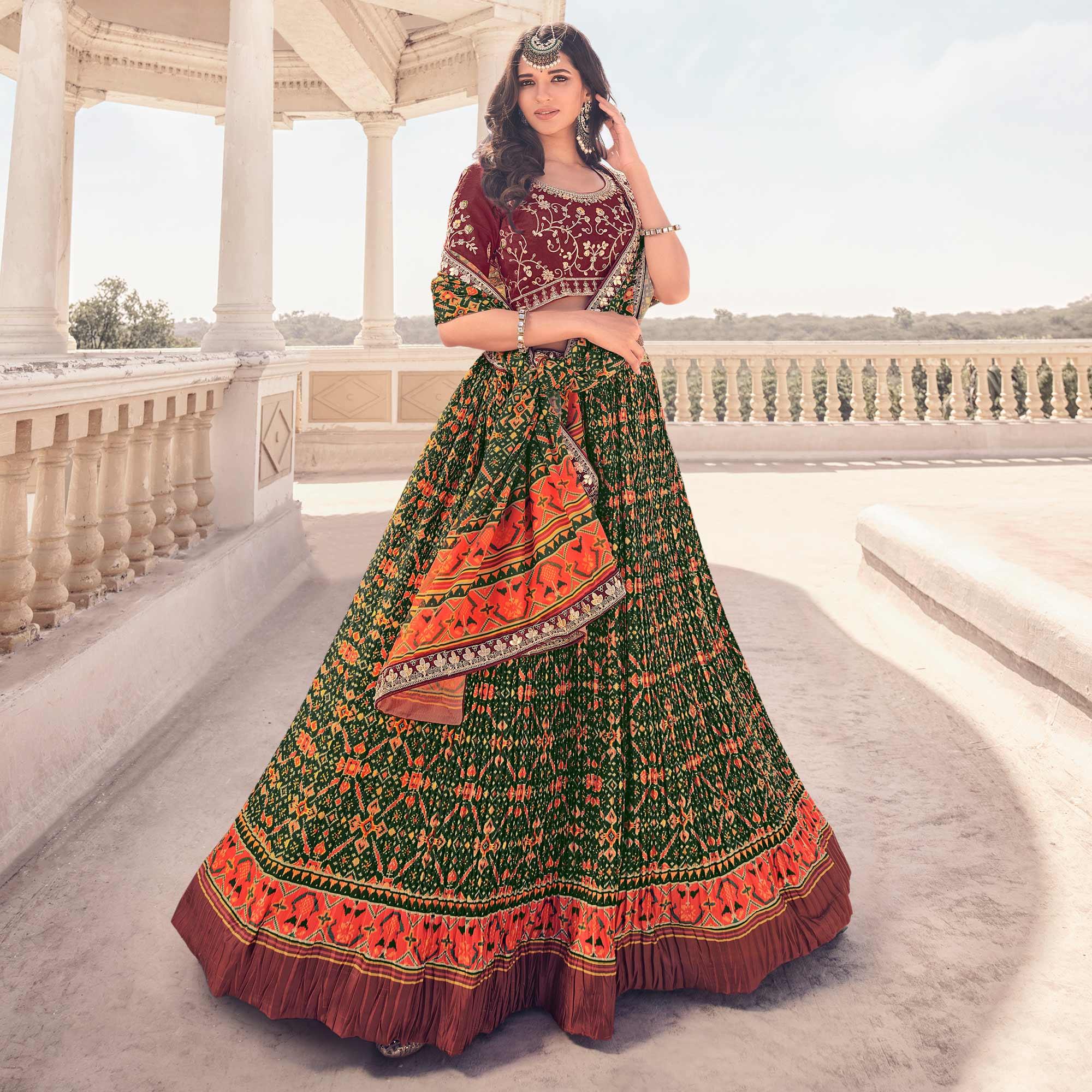 Green Festive Wear Satin Digital Floral Printed Lehenga Choli - Peachmode