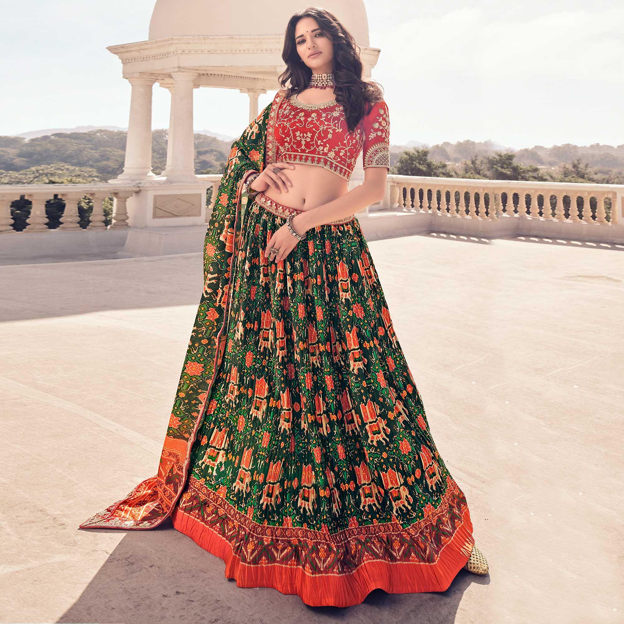 Green Festive Wear Satin Digital Printed Lehenga Choli - Peachmode