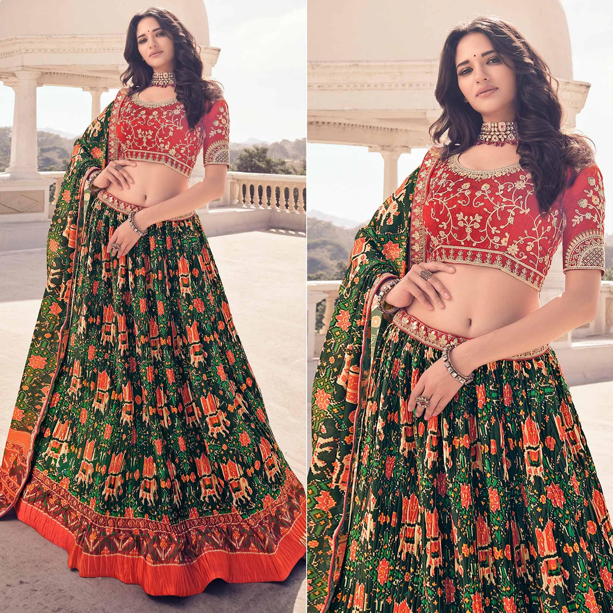 Green Festive Wear Satin Digital Printed Lehenga Choli - Peachmode