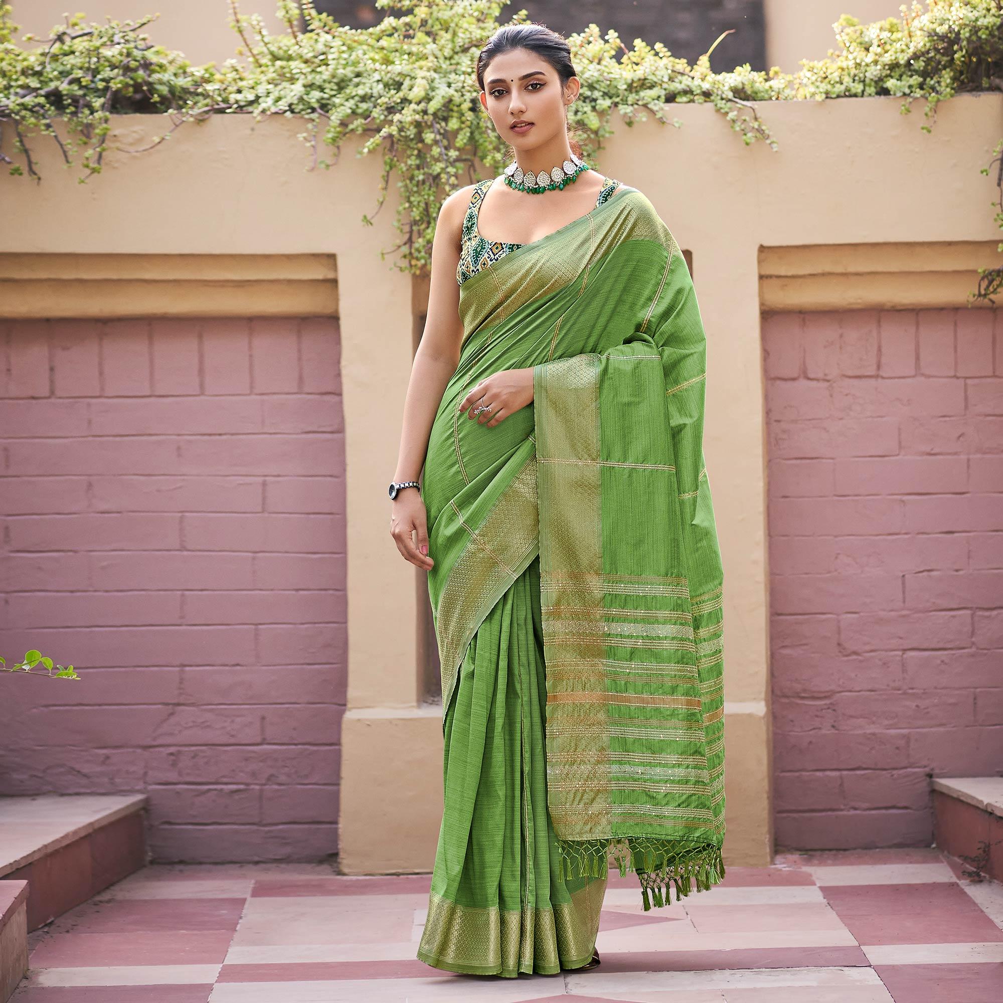 Green Festive Wear Sequence Digital Work Silk Saree - Peachmode