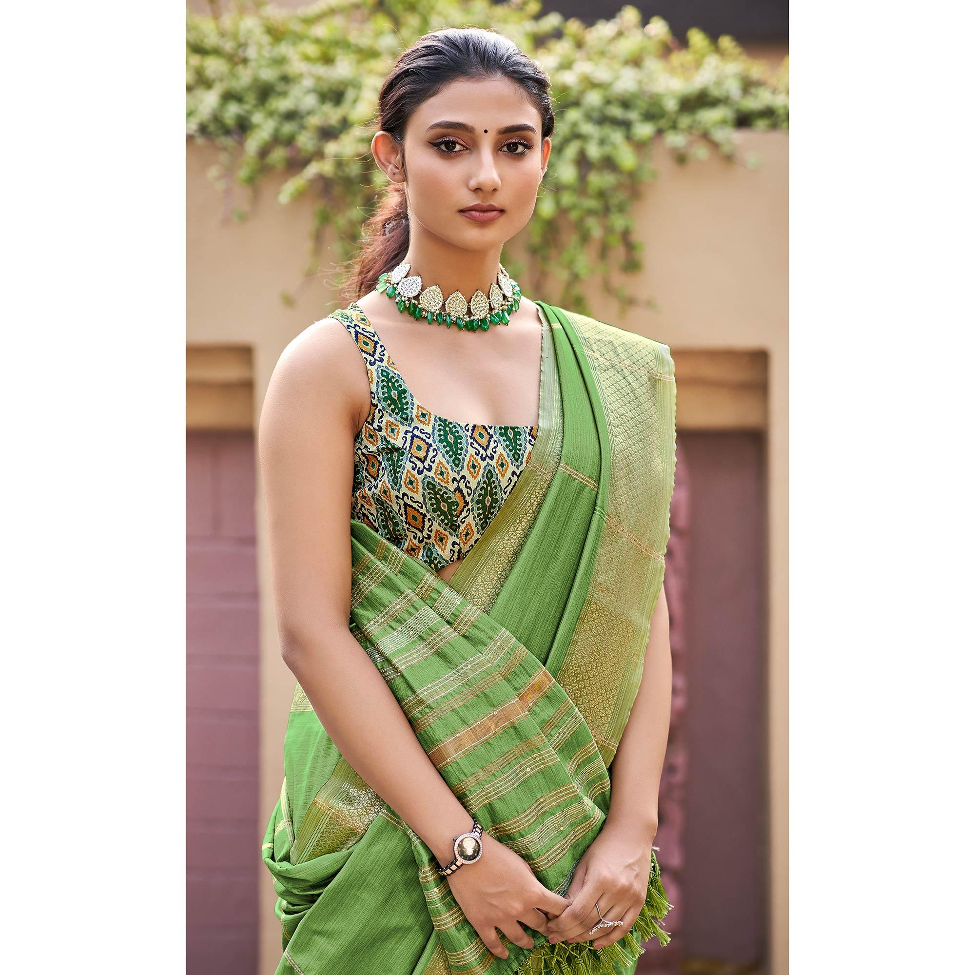 Green Festive Wear Sequence Digital Work Silk Saree - Peachmode