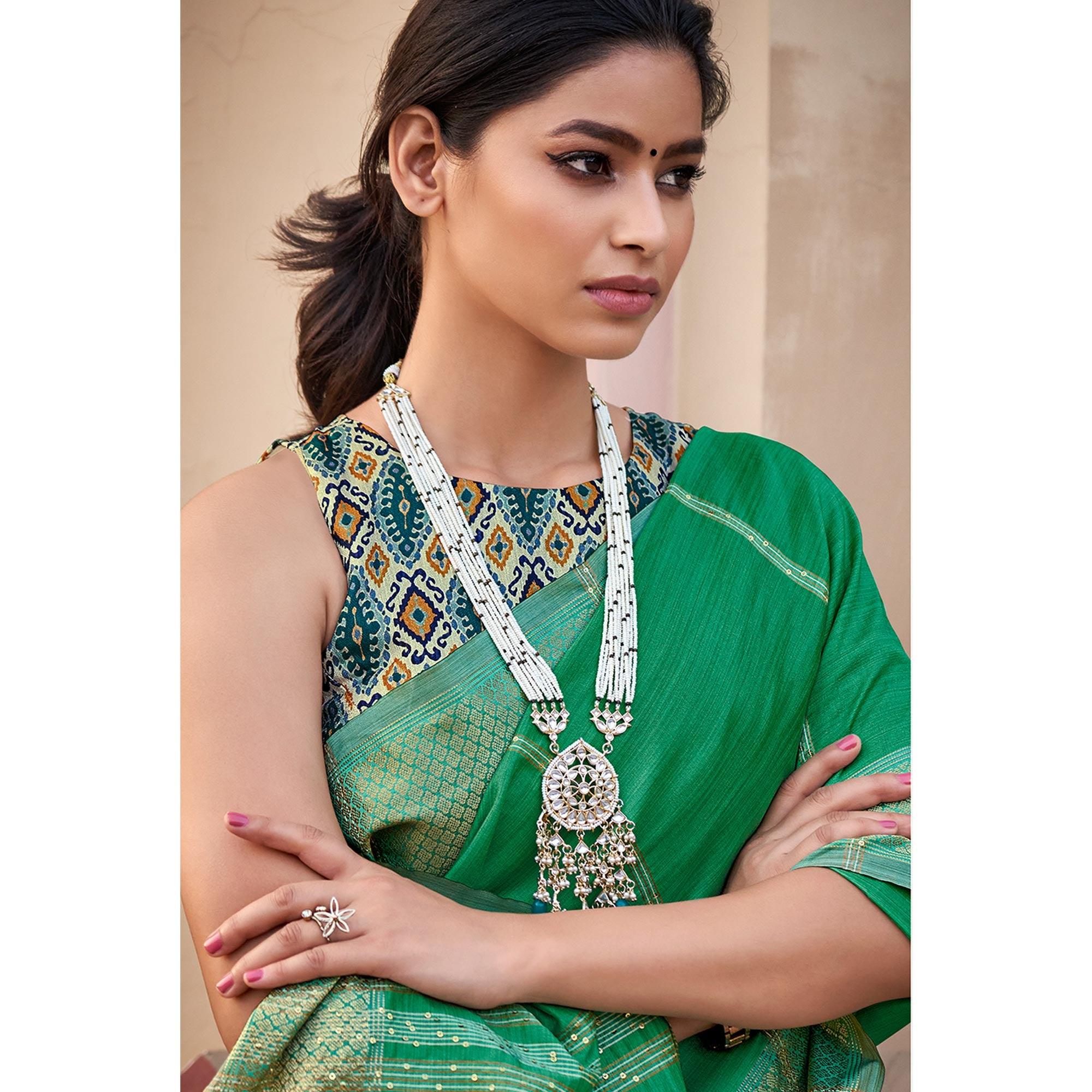 Green Festive Wear Sequence Digital Work Silk Saree - Peachmode