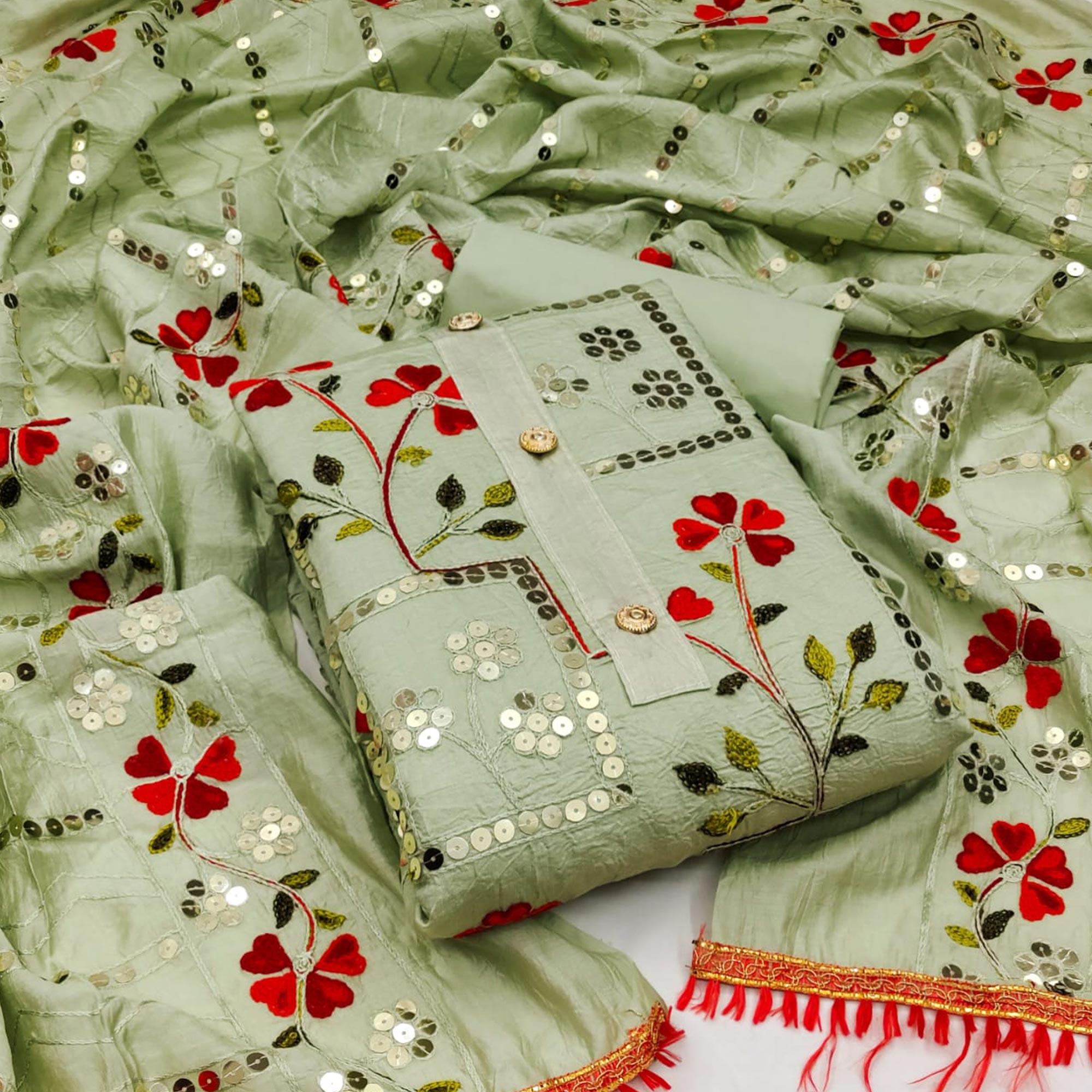 Green Festive Wear Sequence Embroidered Chanderi Dress Material - Peachmode