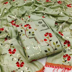 Green Festive Wear Sequence Embroidered Chanderi Dress Material - Peachmode