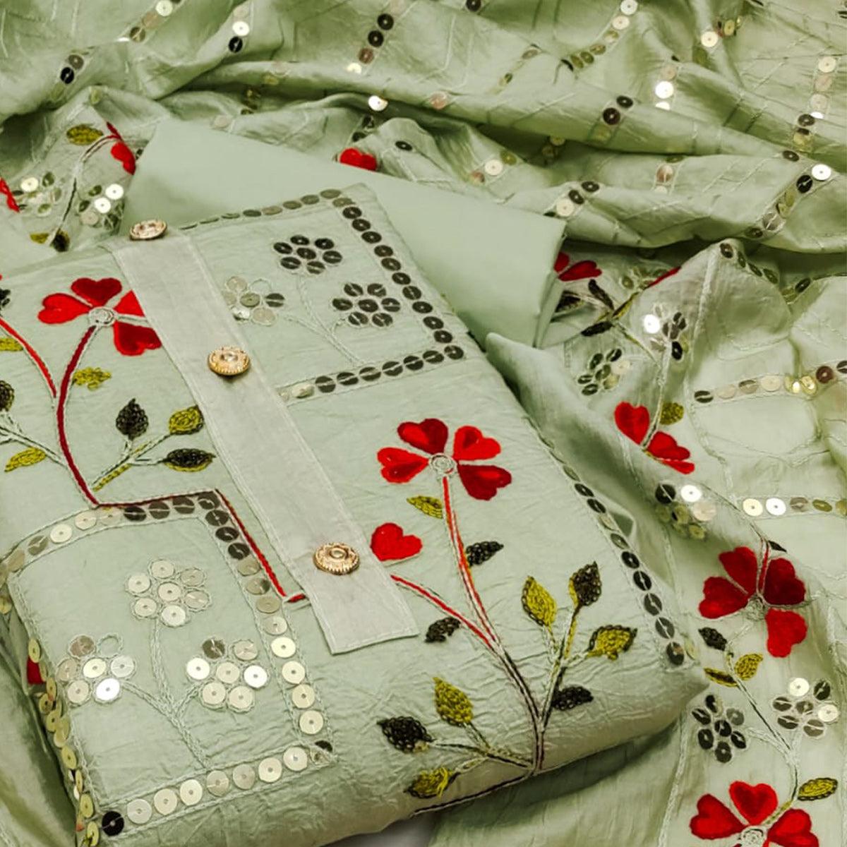 Green Festive Wear Sequence Embroidered Chanderi Dress Material - Peachmode
