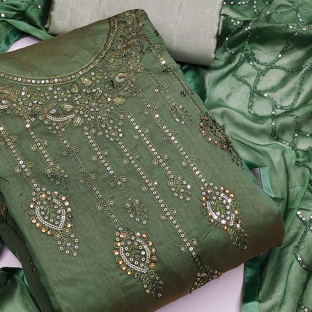 Green Festive Wear Sequence Embroidered Chanderi Dress Material - Peachmode
