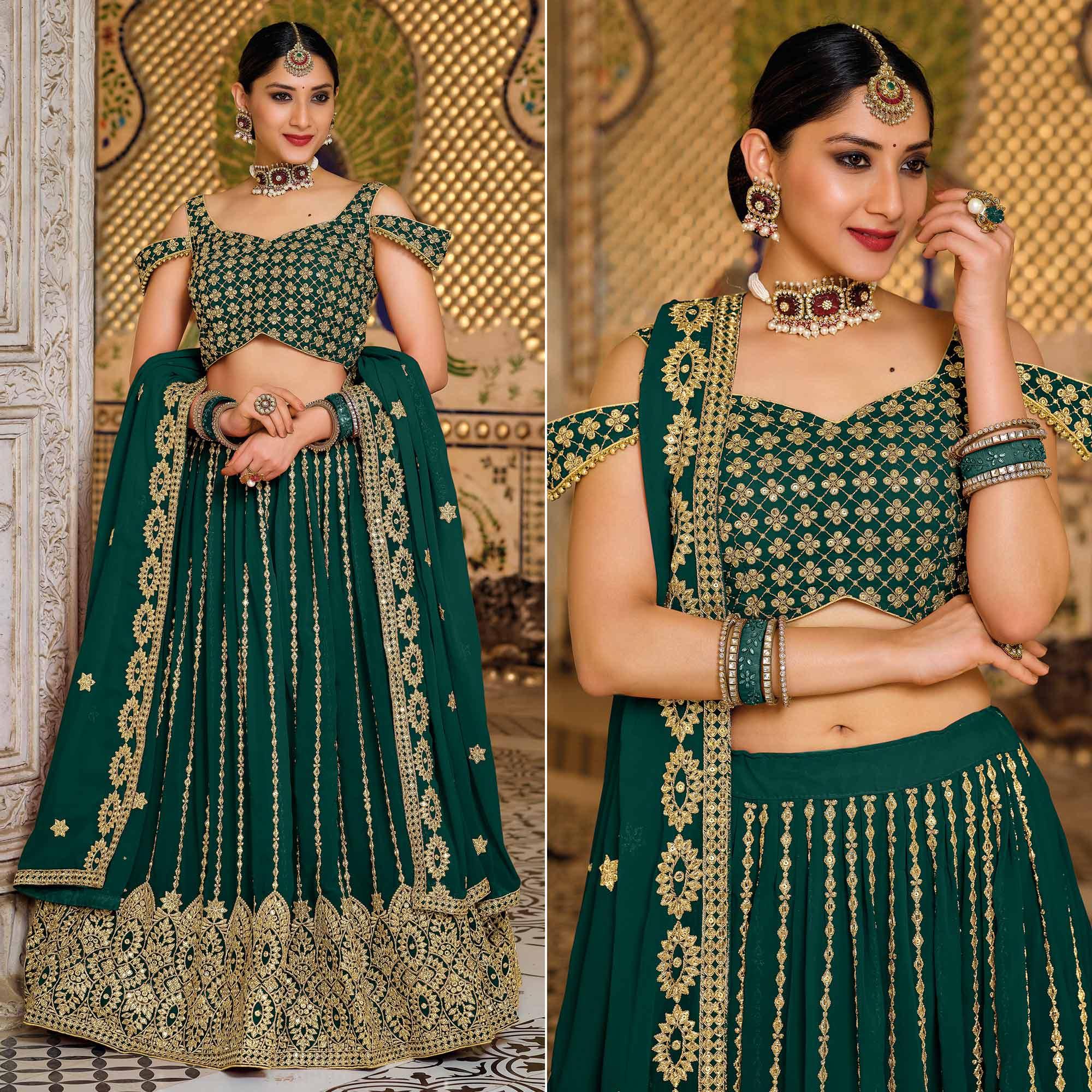 Green Festive Wear Sequence Embroidered Georgette Lehenga Choli - Peachmode