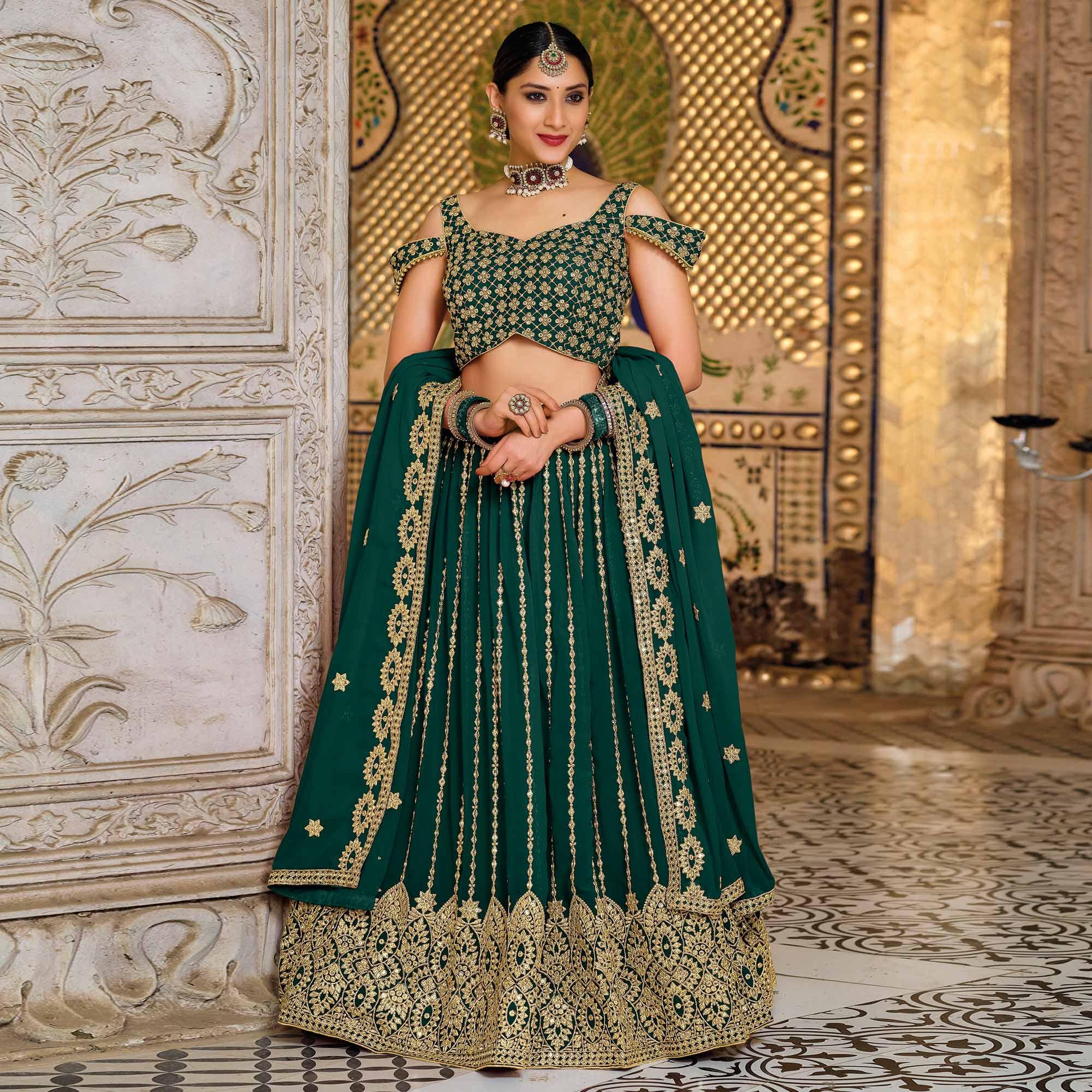 Green Festive Wear Sequence Embroidered Georgette Lehenga Choli - Peachmode