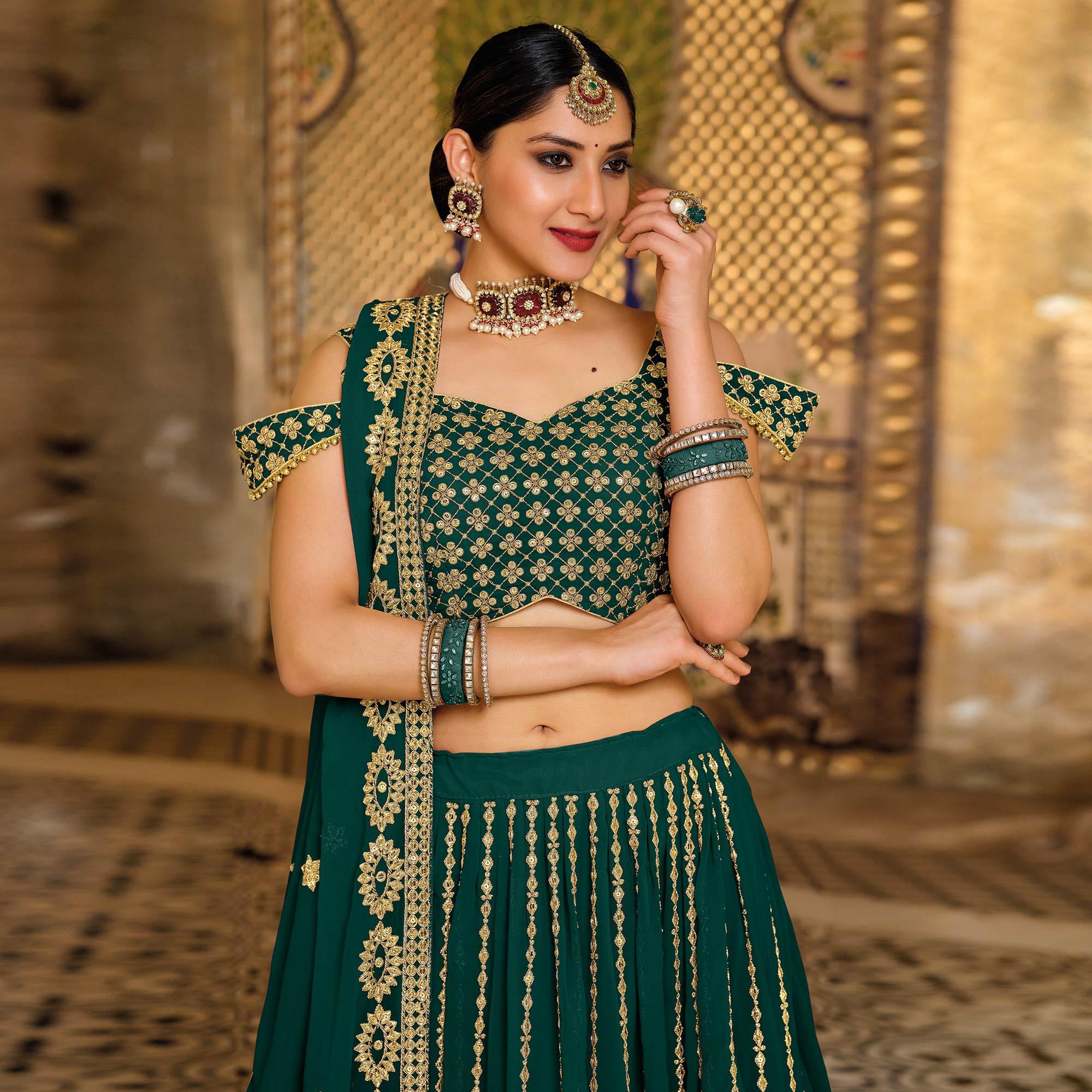 Green Festive Wear Sequence Embroidered Georgette Lehenga Choli - Peachmode