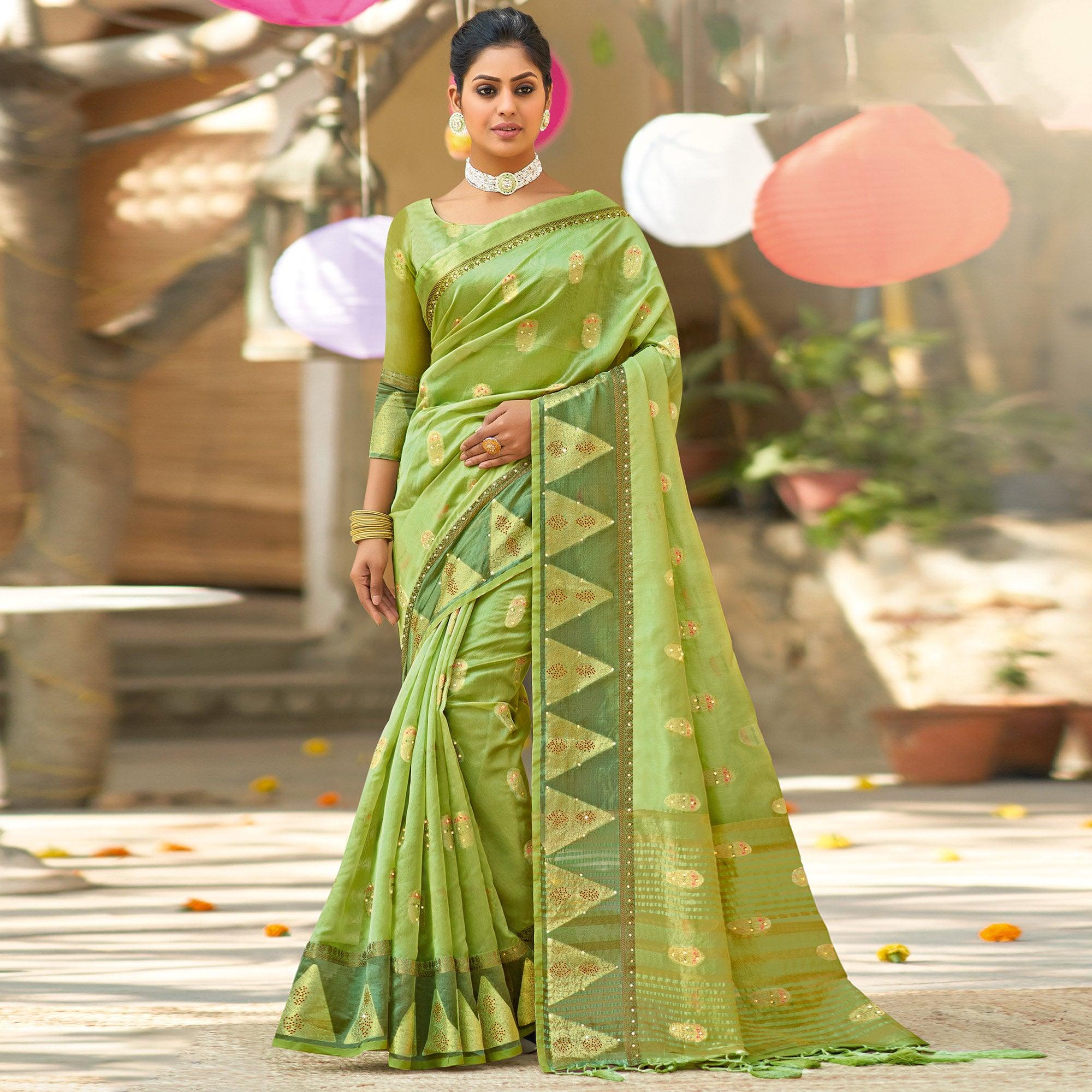 Green Festive Wear Sequence Embroidered Organza Saree - Peachmode