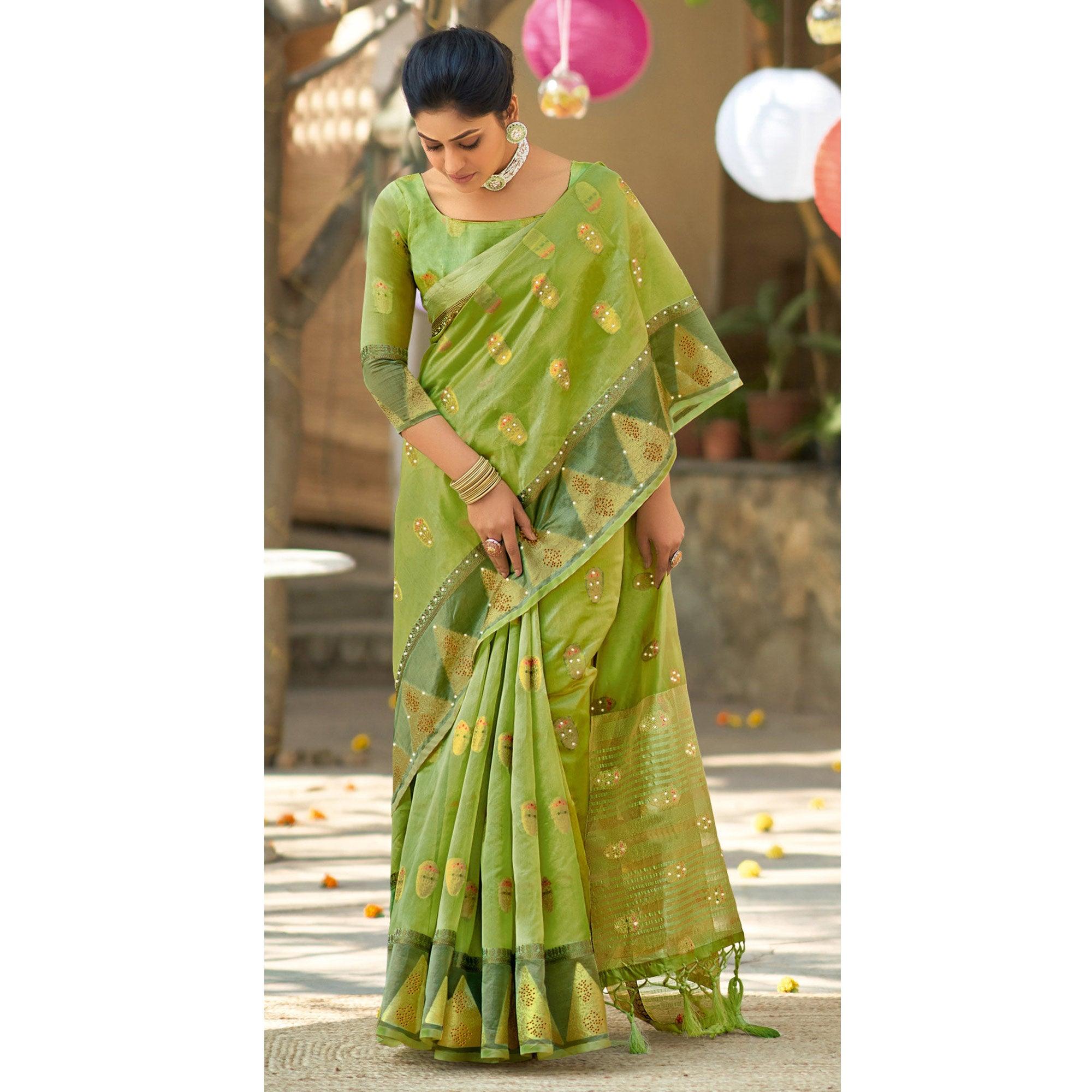 Green Festive Wear Sequence Embroidered Organza Saree - Peachmode