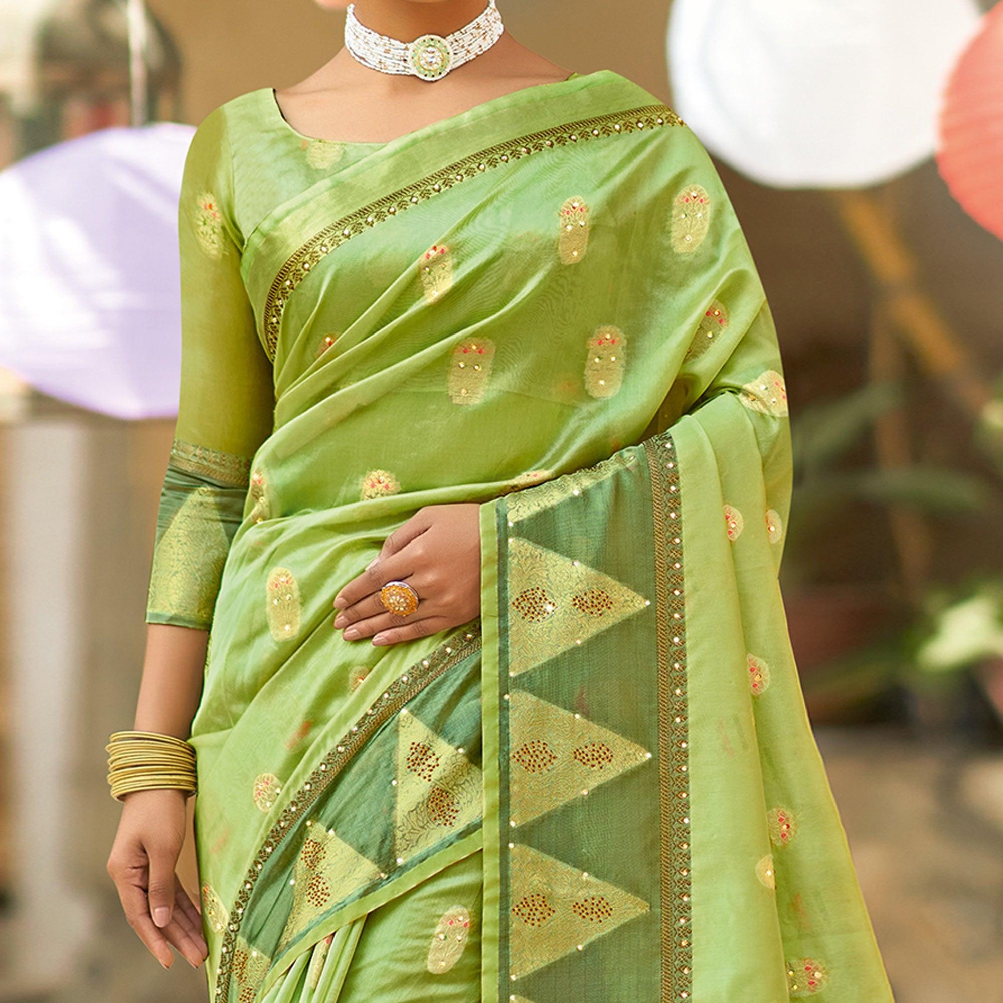 Green Festive Wear Sequence Embroidered Organza Saree - Peachmode