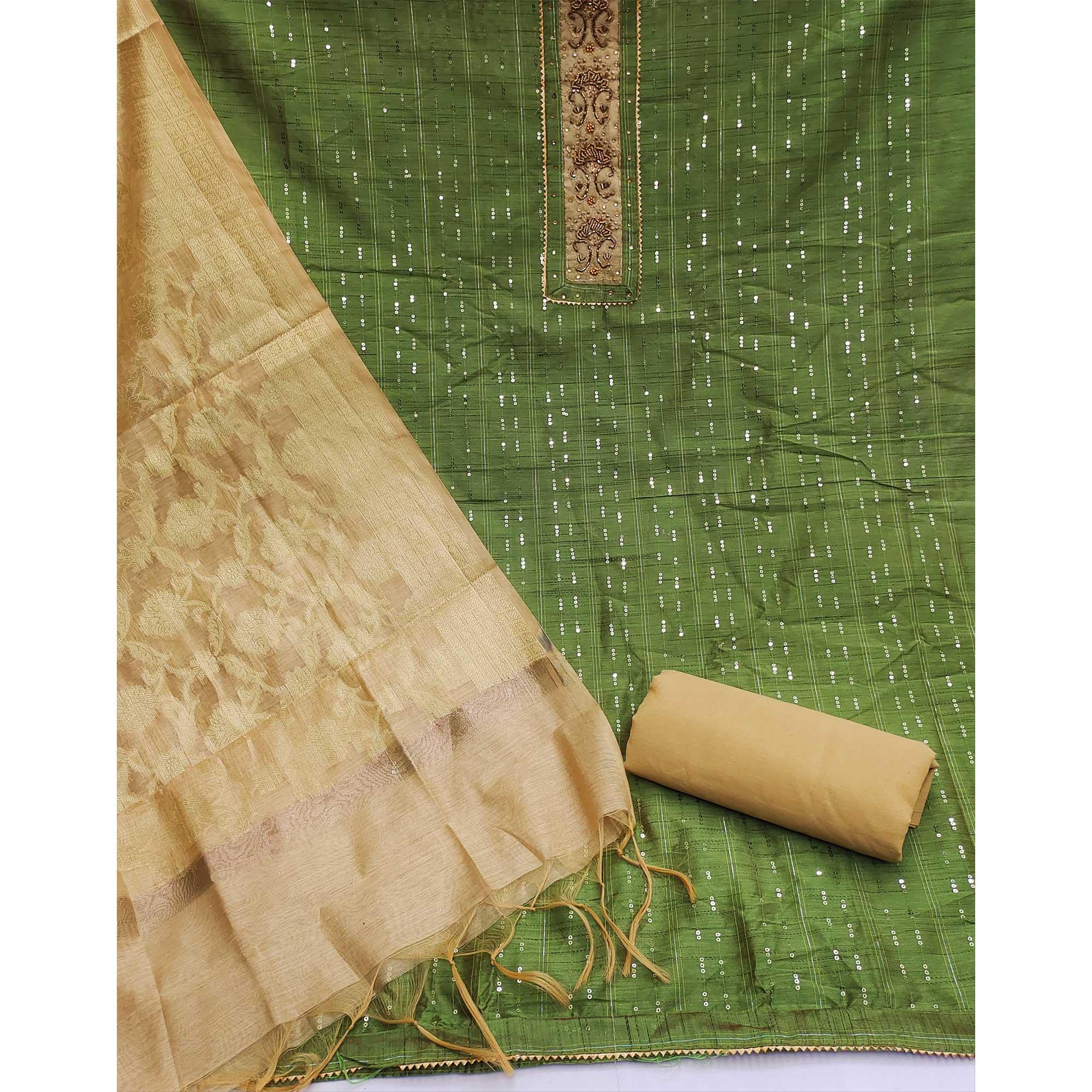 Green Festive Wear Sequence Work Chanderi Dress Material - Peachmode