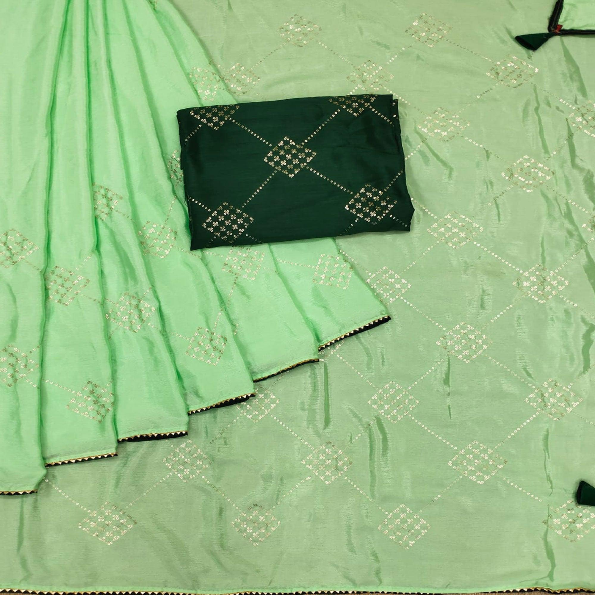Green Festive Wear Sequence Work Chiffon Saree - Peachmode