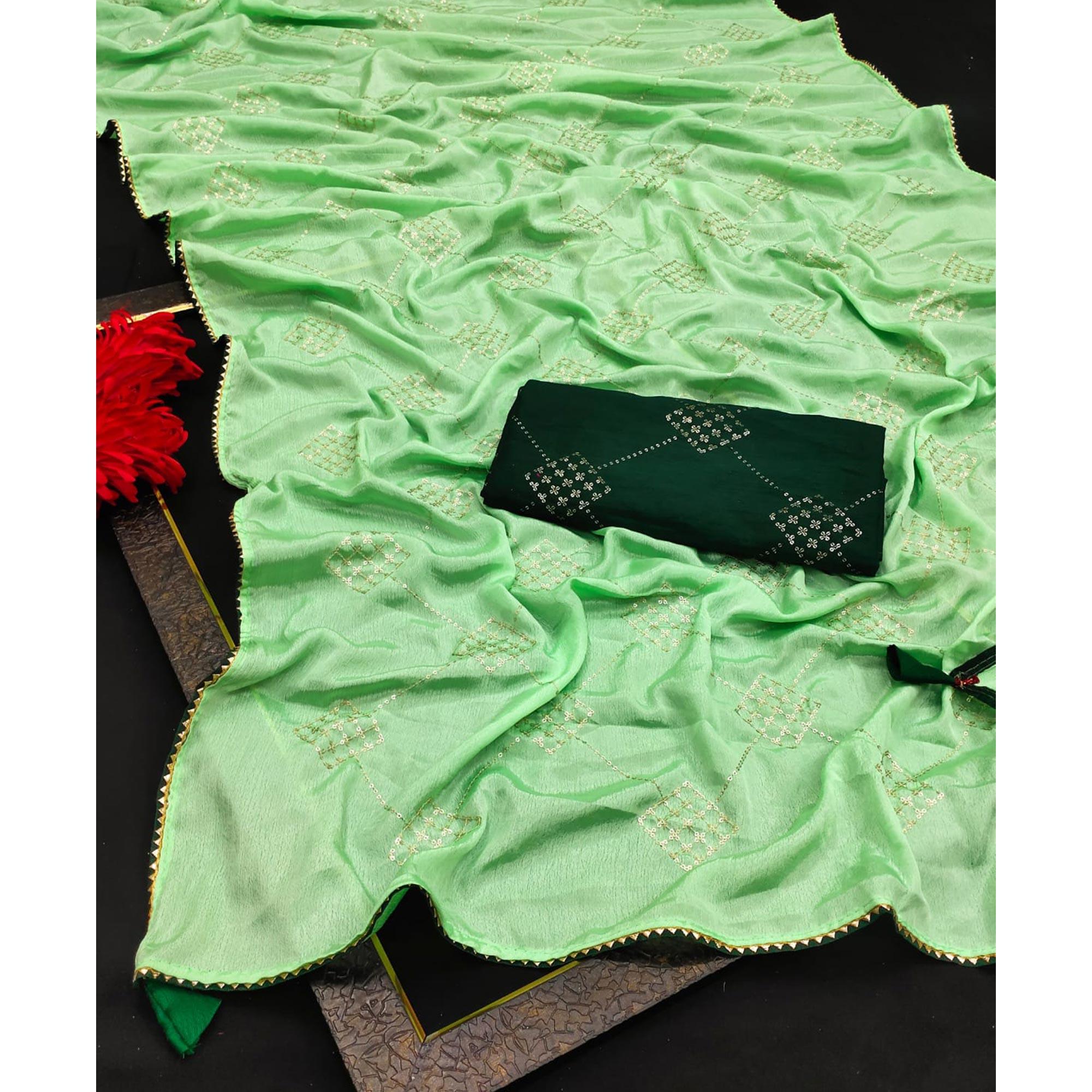 Green Festive Wear Sequence Work Chiffon Saree - Peachmode