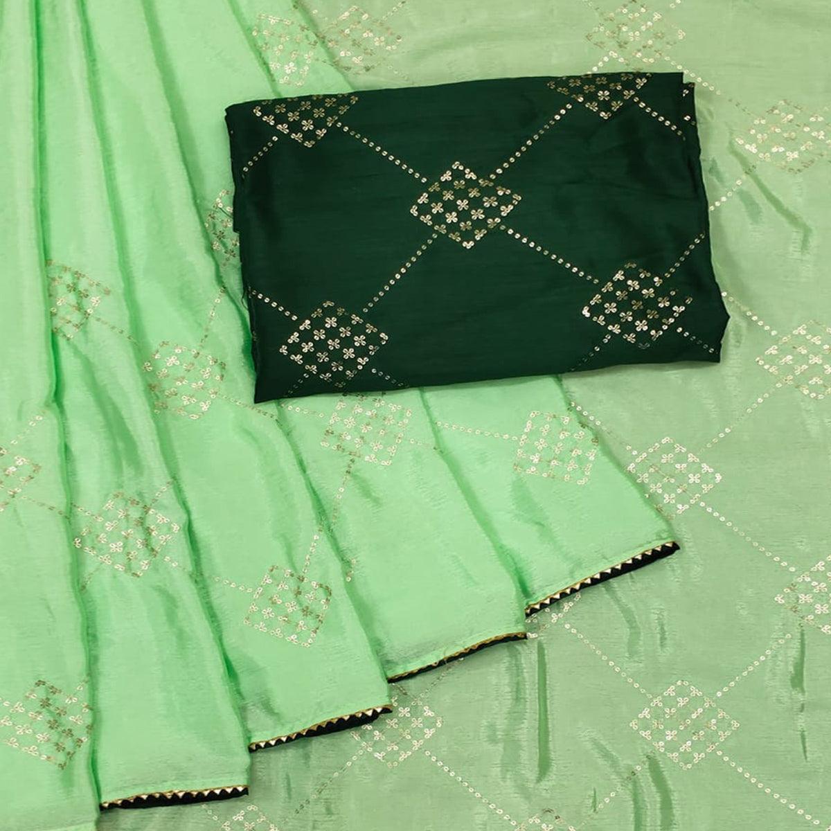 Green Festive Wear Sequence Work Chiffon Saree - Peachmode