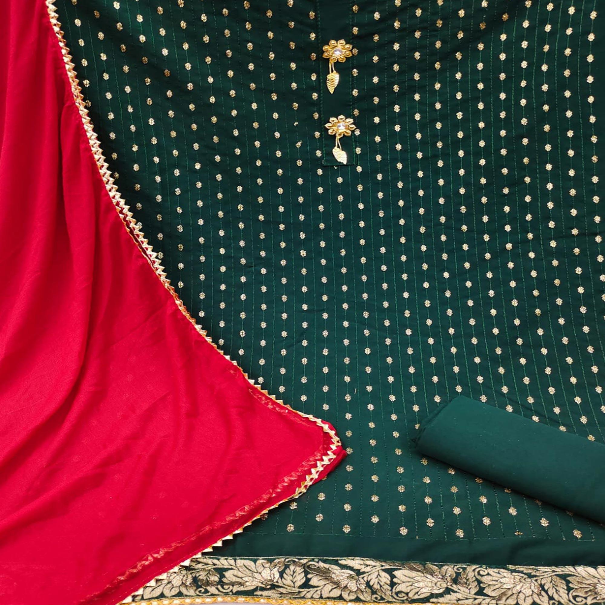 Green Festive Wear Sequence Work Cotton Dress Material - Peachmode
