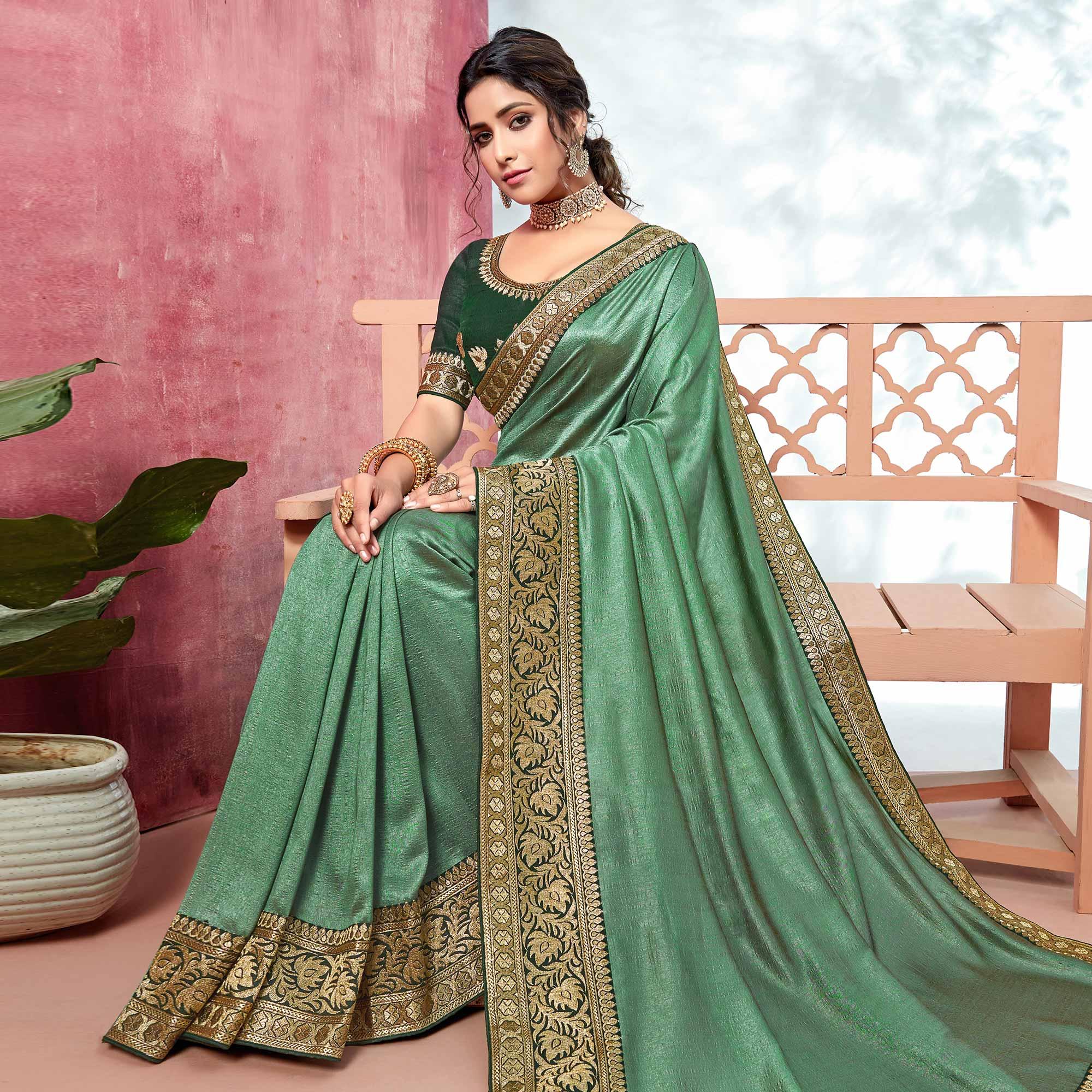 Green Festive Wear Silk Saree With Embroidered Border - Peachmode