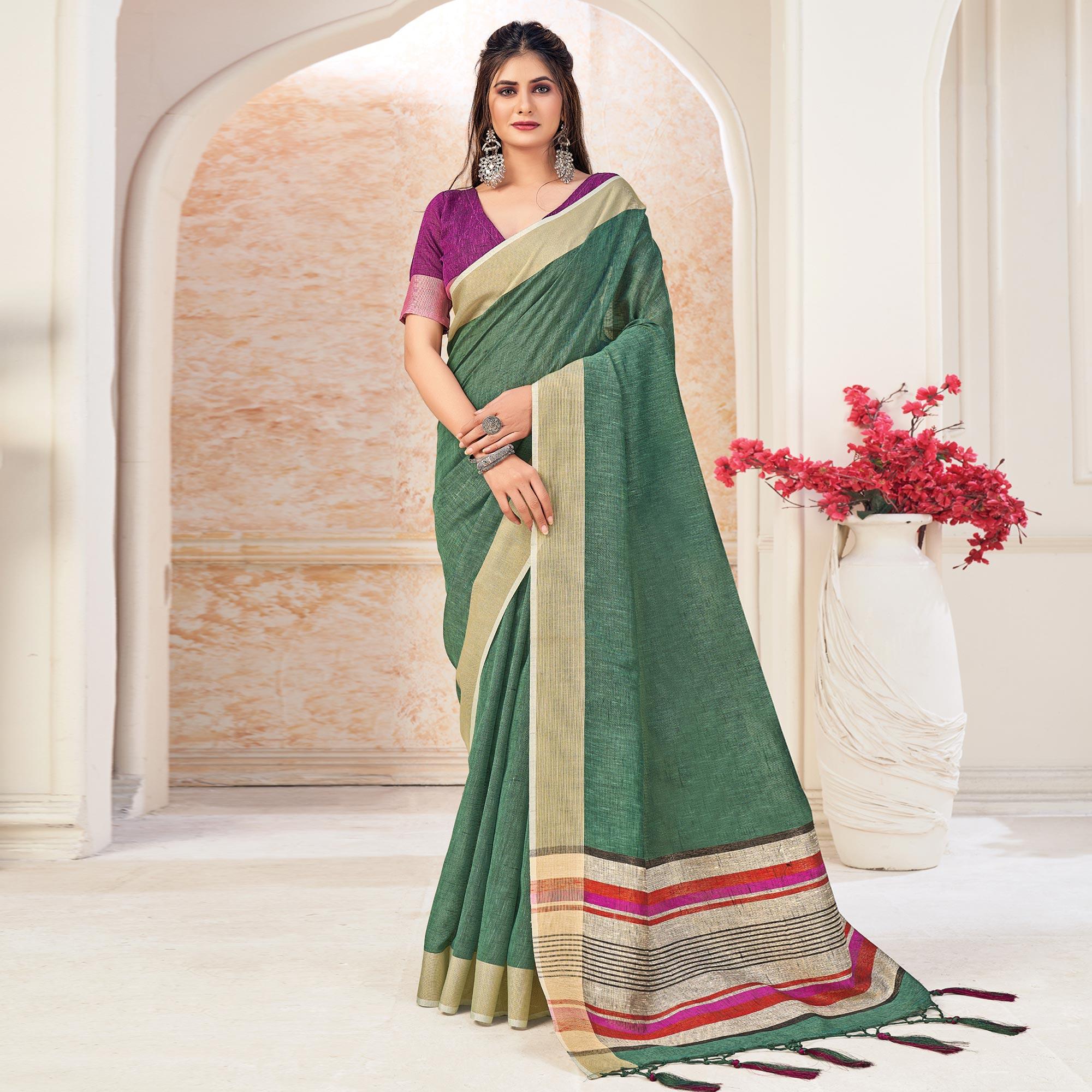 Green Festive Wear Solid Linen Saree - Peachmode