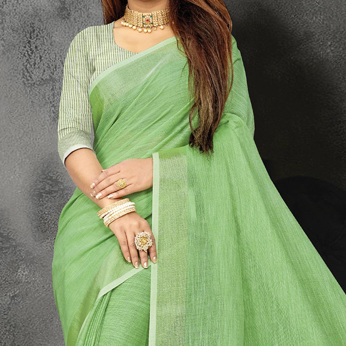 Green Festive Wear Solid Linen Saree - Peachmode