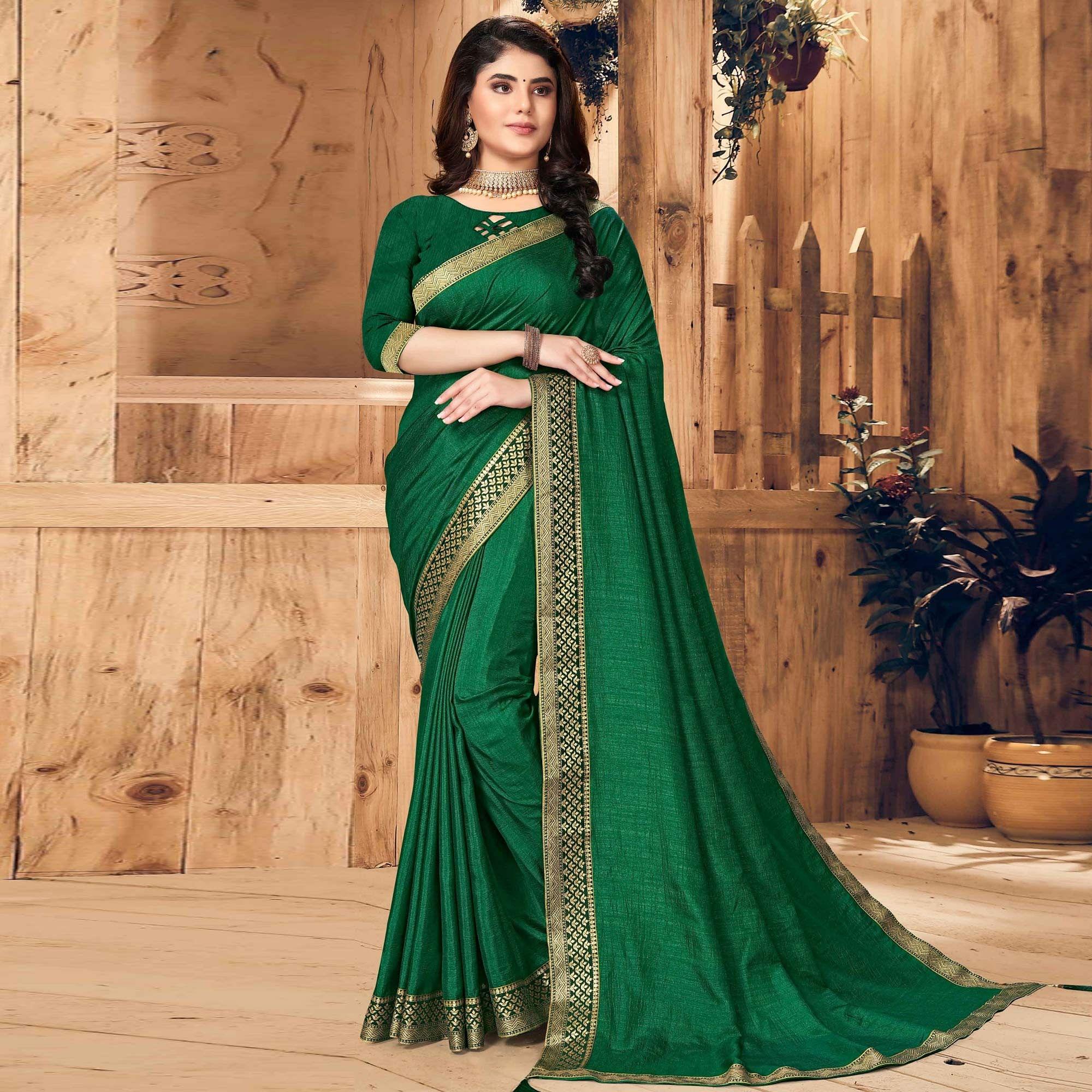 Green Festive Wear Solid Vichitra Silk Saree - Peachmode