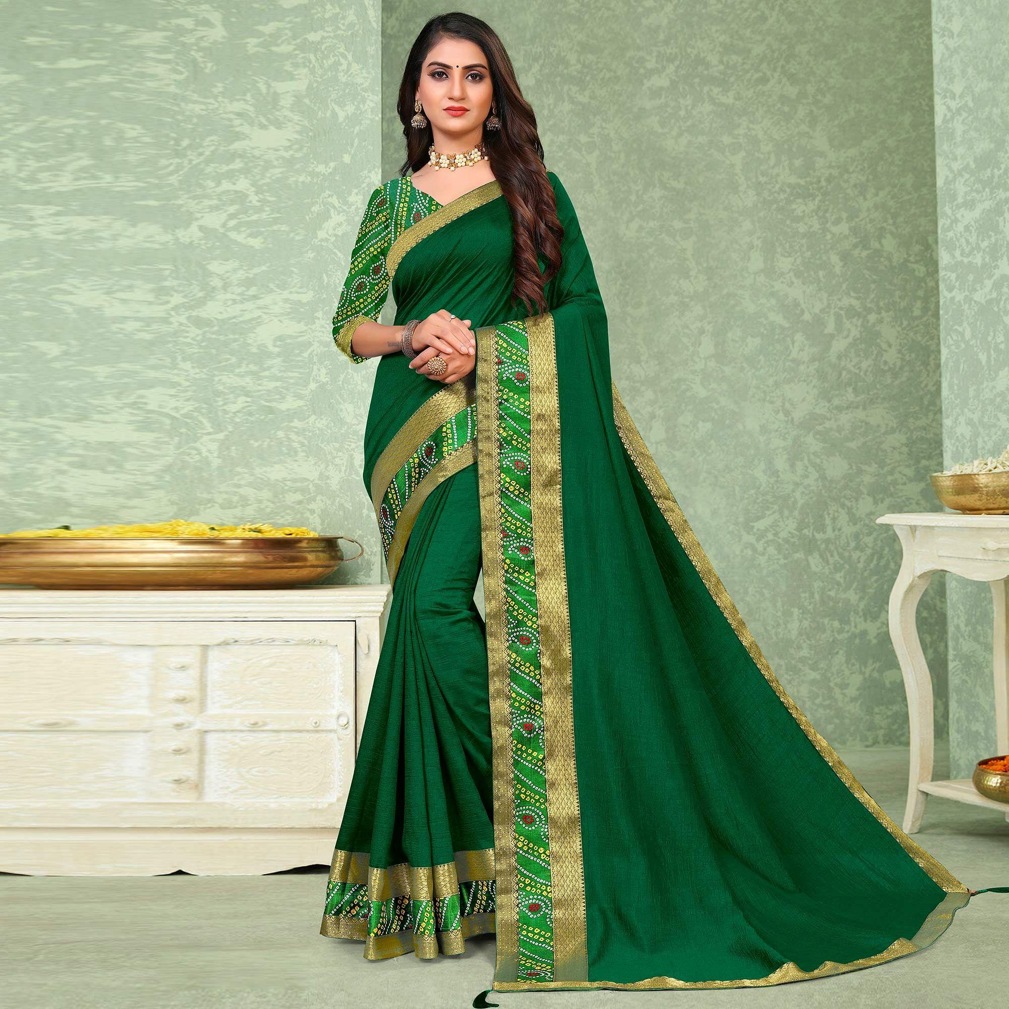Green Festive Wear Solid Vichitra Silk Saree - Peachmode