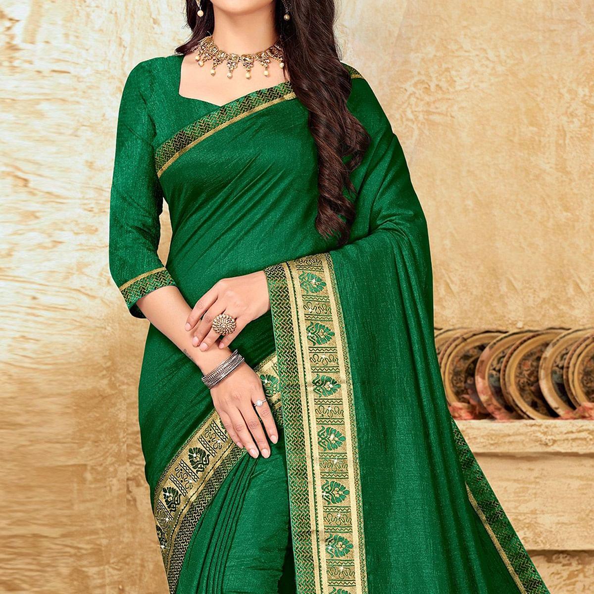 Green Festive Wear Solid Vichitra Silk Saree - Peachmode