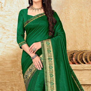Green Festive Wear Solid Vichitra Silk Saree - Peachmode