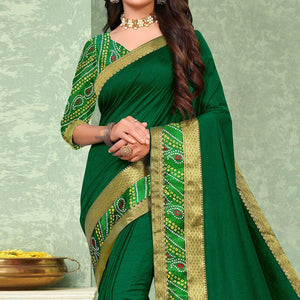 Green Festive Wear Solid Vichitra Silk Saree - Peachmode